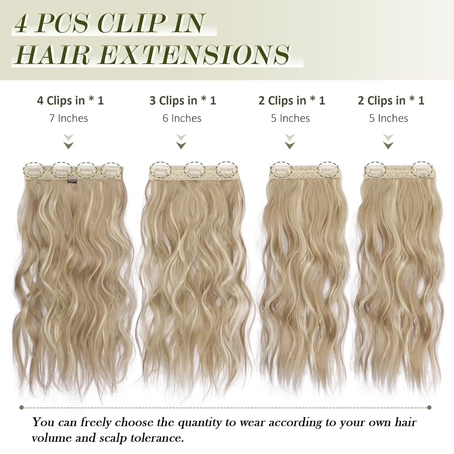 imageFESHFEN Clip in Hair Extensions 4 PCS Long Wavy Thick Clip in Hairpieces Full Head Natural Soft Synthetic Hair Extension for Women Black 20 Inch16H613 Dirty Blonde