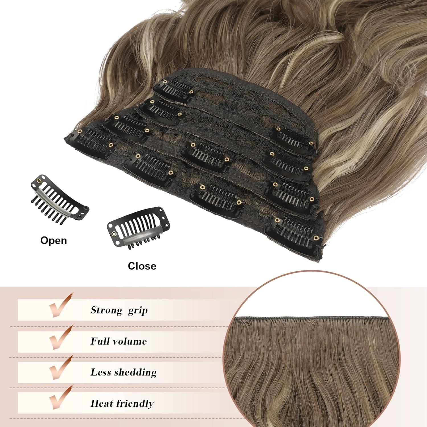 imageFESHFEN Clip in Hair Extensions 4 PCS Long Wavy Thick Clip in Hairpieces Full Head Natural Soft Synthetic Hair Extension for Women Black 20 Inch18H24 Brunette Mixed Ash Blonde