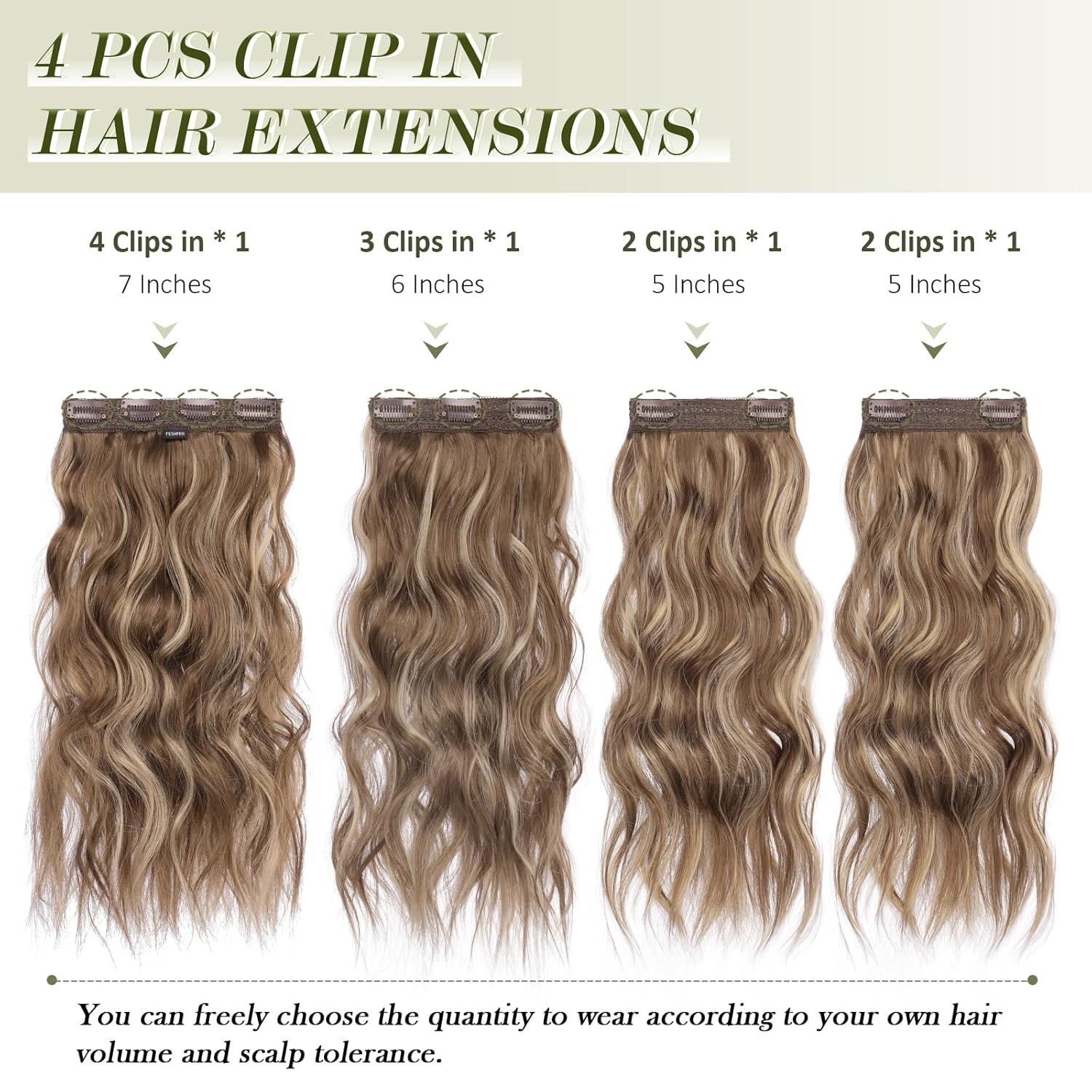 imageFESHFEN Clip in Hair Extensions 4 PCS Long Wavy Thick Clip in Hairpieces Full Head Natural Soft Synthetic Hair Extension for Women Black 20 Inch18H24 Brunette Mixed Ash Blonde