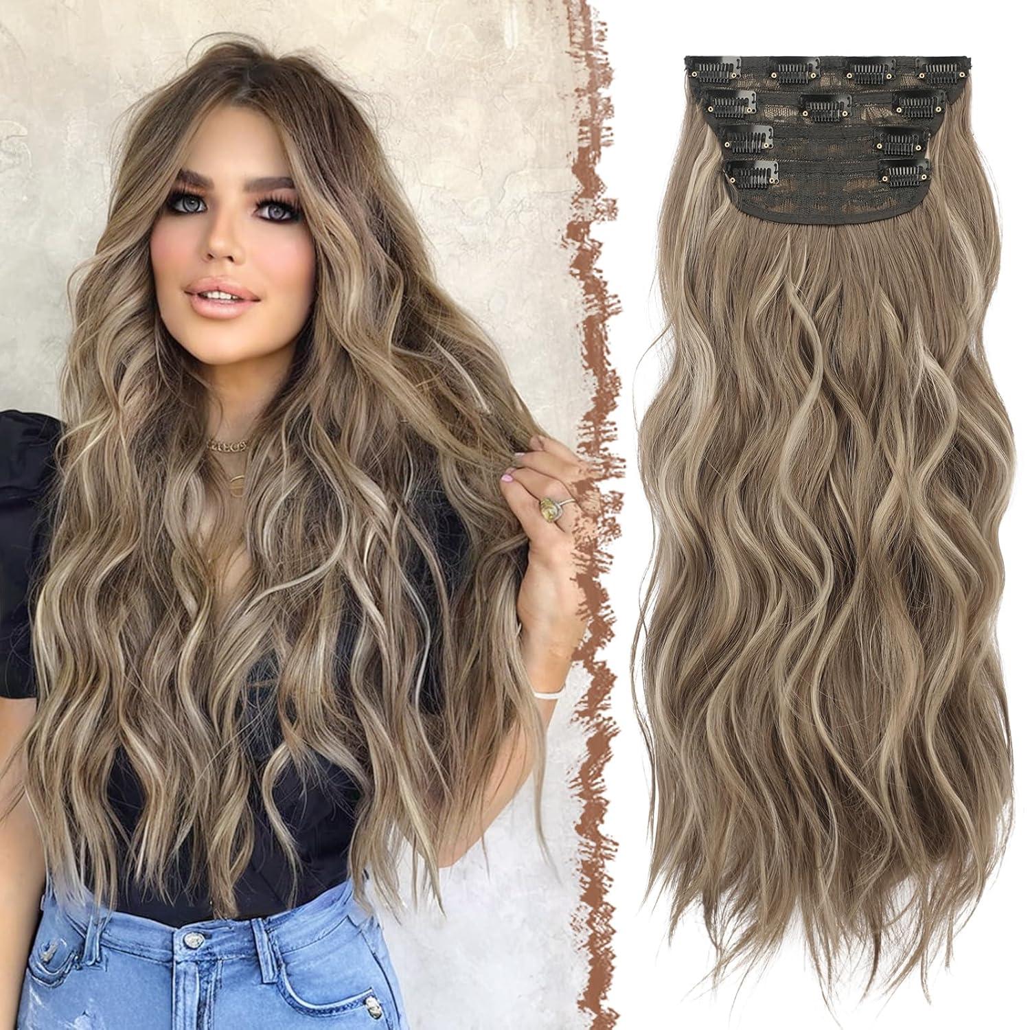 imageFESHFEN Clip in Hair Extensions 4 PCS Long Wavy Thick Clip in Hairpieces Full Head Natural Soft Synthetic Hair Extension for Women Black 20 Inch18H24 Brunette Mixed Ash Blonde
