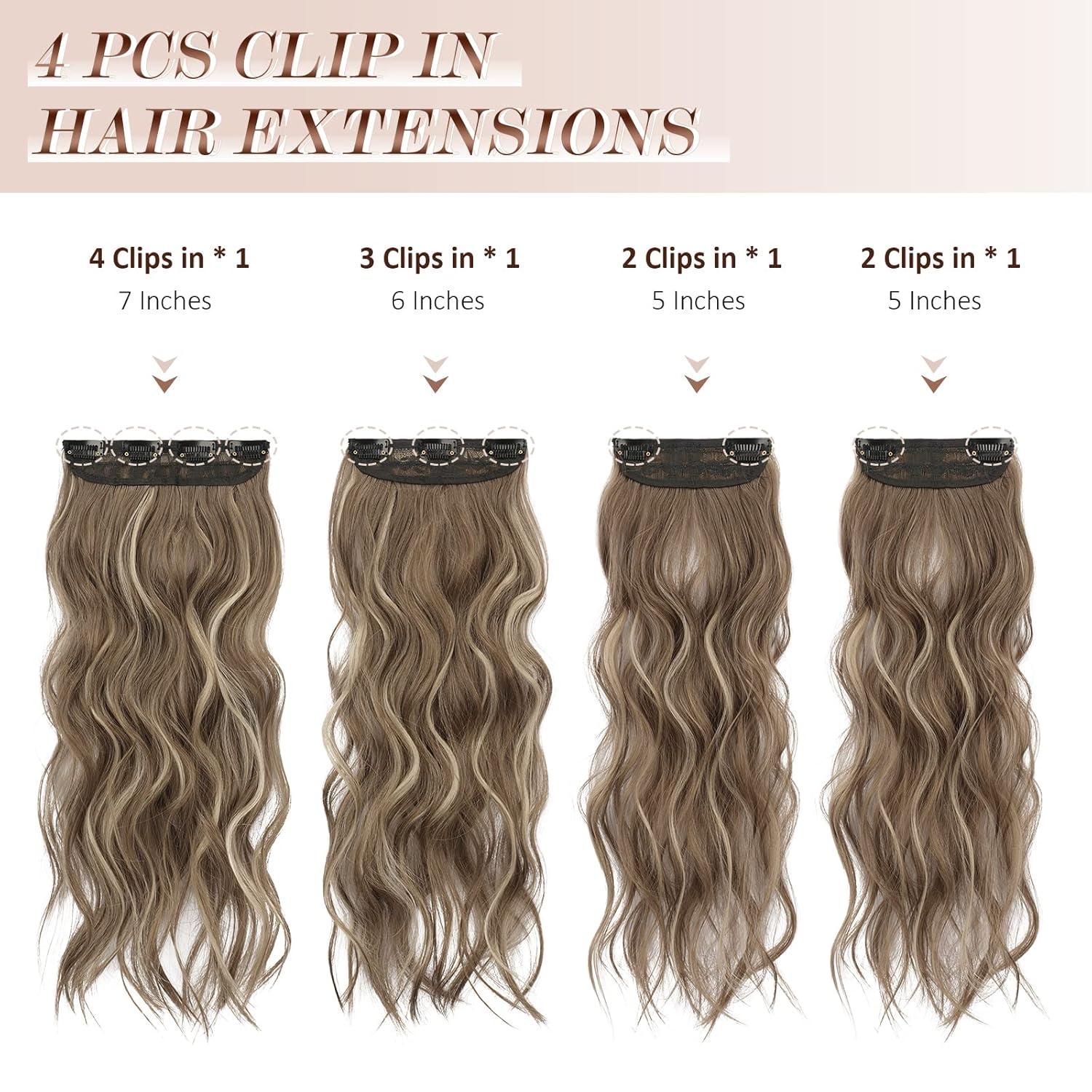 imageFESHFEN Clip in Hair Extensions 4 PCS Long Wavy Thick Clip in Hairpieces Full Head Natural Soft Synthetic Hair Extension for Women Black 20 Inch18H24 Brunette Mixed Ash Blonde