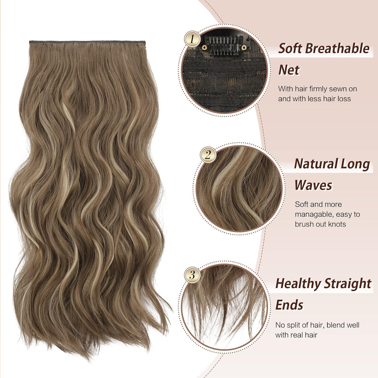 imageFESHFEN Clip in Hair Extensions 4 PCS Long Wavy Thick Clip in Hairpieces Full Head Natural Soft Synthetic Hair Extension for Women Black 20 Inch18H24 Brunette Mixed Ash Blonde