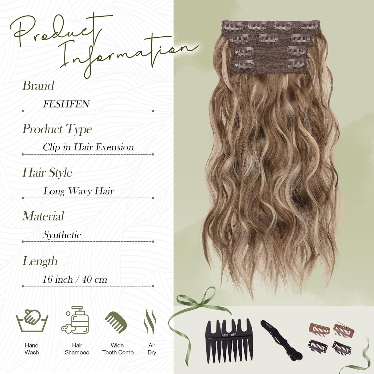 imageFESHFEN Clip in Hair Extensions 4 PCS Long Wavy Thick Clip in Hairpieces Full Head Natural Soft Synthetic Hair Extension for Women Black 20 Inch18H24 Brunette Mixed Ash Blonde