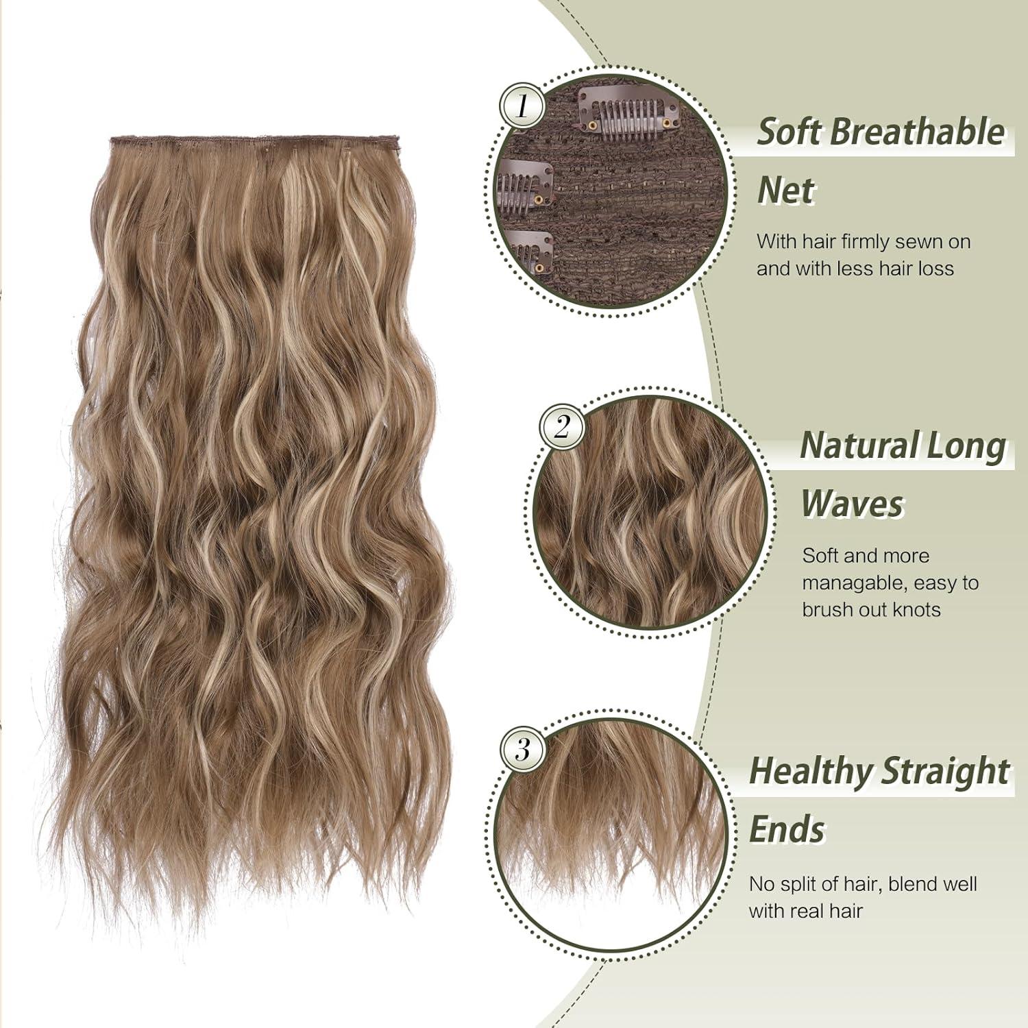 imageFESHFEN Clip in Hair Extensions 4 PCS Long Wavy Thick Clip in Hairpieces Full Head Natural Soft Synthetic Hair Extension for Women Black 20 Inch18H24 Brunette Mixed Ash Blonde