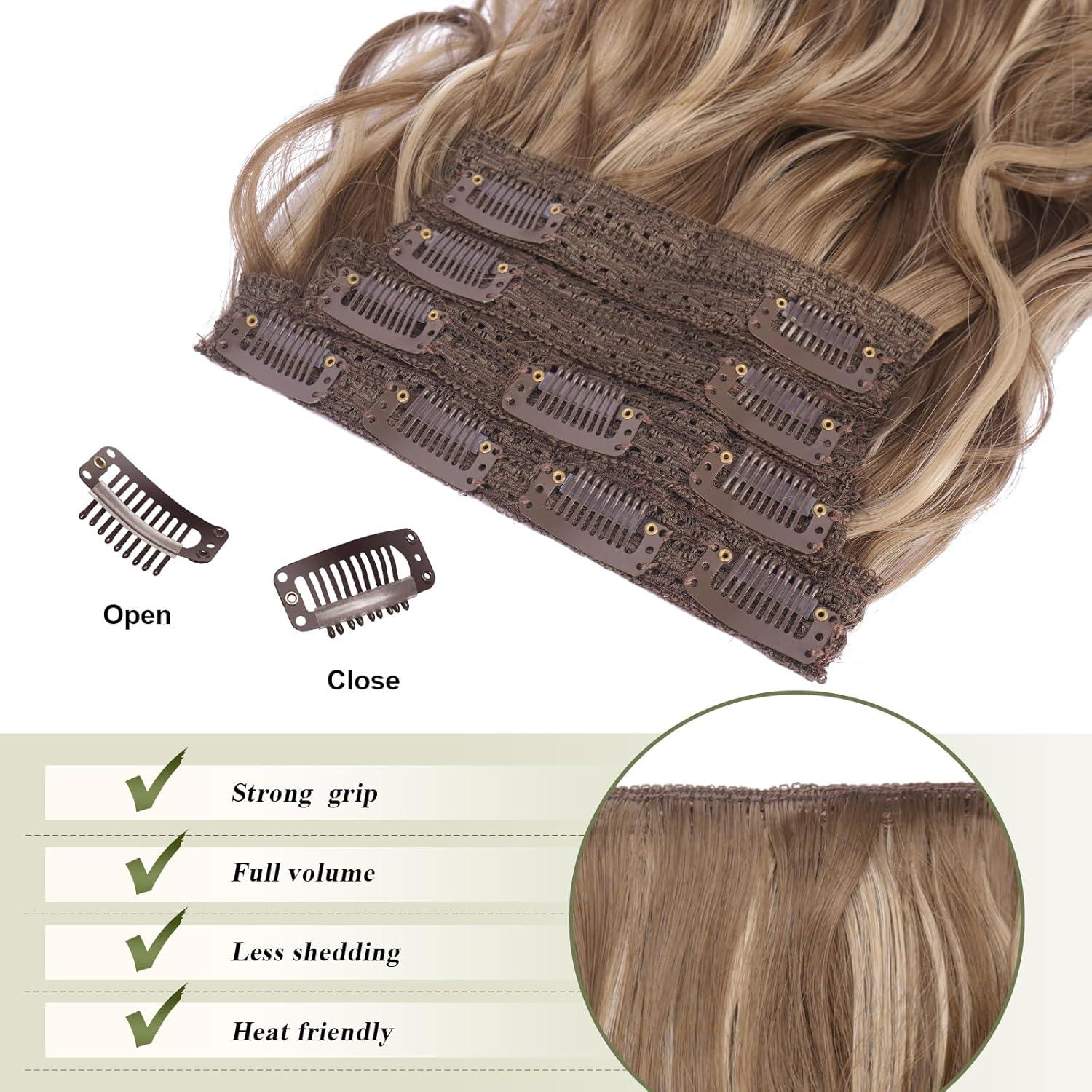 imageFESHFEN Clip in Hair Extensions 4 PCS Long Wavy Thick Clip in Hairpieces Full Head Natural Soft Synthetic Hair Extension for Women Black 20 Inch18H24 Brunette Mixed Ash Blonde