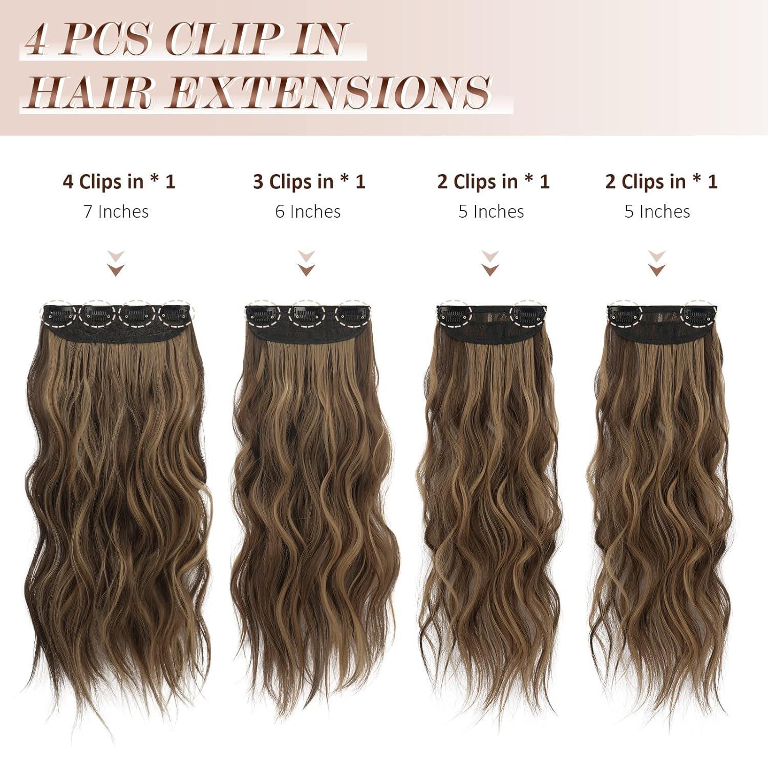 imageFESHFEN Clip in Hair Extensions 4 PCS Long Wavy Thick Clip in Hairpieces Full Head Natural Soft Synthetic Hair Extension for Women Black 20 Inch22H10 Honey Blonde Mixed Light Brown