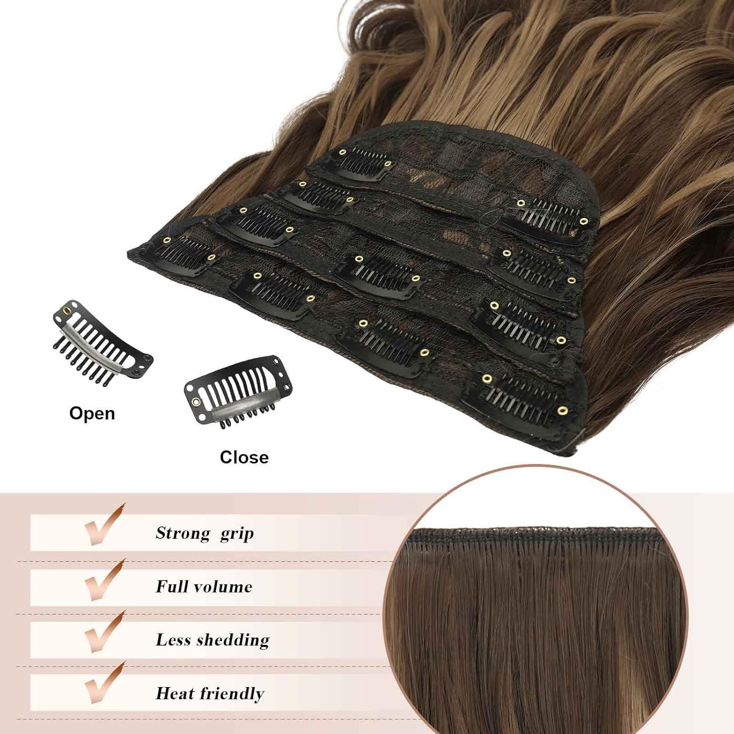 imageFESHFEN Clip in Hair Extensions 4 PCS Long Wavy Thick Clip in Hairpieces Full Head Natural Soft Synthetic Hair Extension for Women Black 20 Inch22H10 Honey Blonde Mixed Light Brown