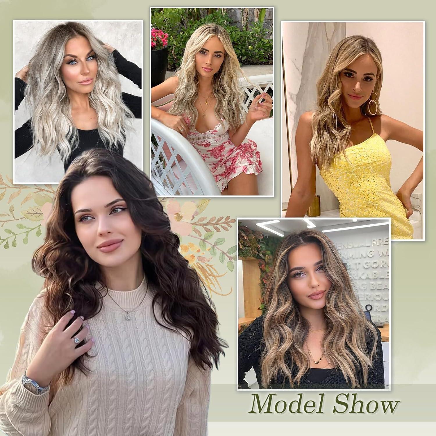 imageFESHFEN Clip in Hair Extensions 4 PCS Long Wavy Thick Clip in Hairpieces Full Head Natural Soft Synthetic Hair Extension for Women Black 20 Inch4AH26 Brown Highlighted Caramel Blonde