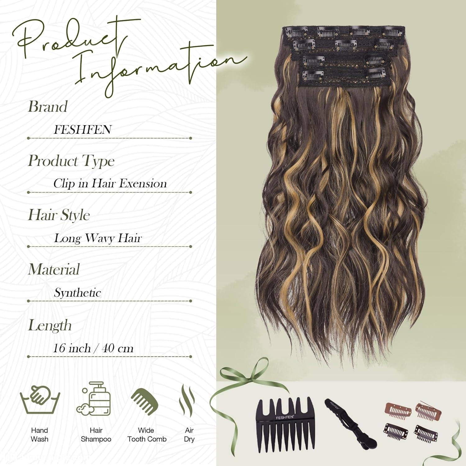 imageFESHFEN Clip in Hair Extensions 4 PCS Long Wavy Thick Clip in Hairpieces Full Head Natural Soft Synthetic Hair Extension for Women Black 20 Inch4AH26 Brown Highlighted Caramel Blonde