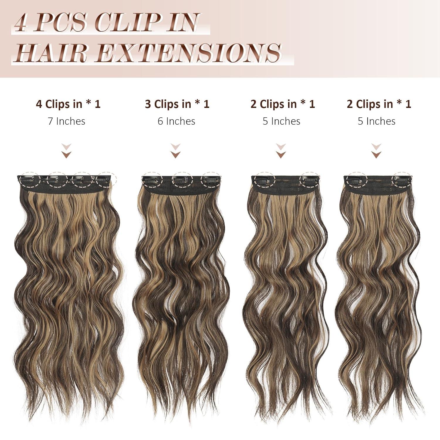 imageFESHFEN Clip in Hair Extensions 4 PCS Long Wavy Thick Clip in Hairpieces Full Head Natural Soft Synthetic Hair Extension for Women Black 20 Inch4AH26 Brown Highlighted Caramel Blonde