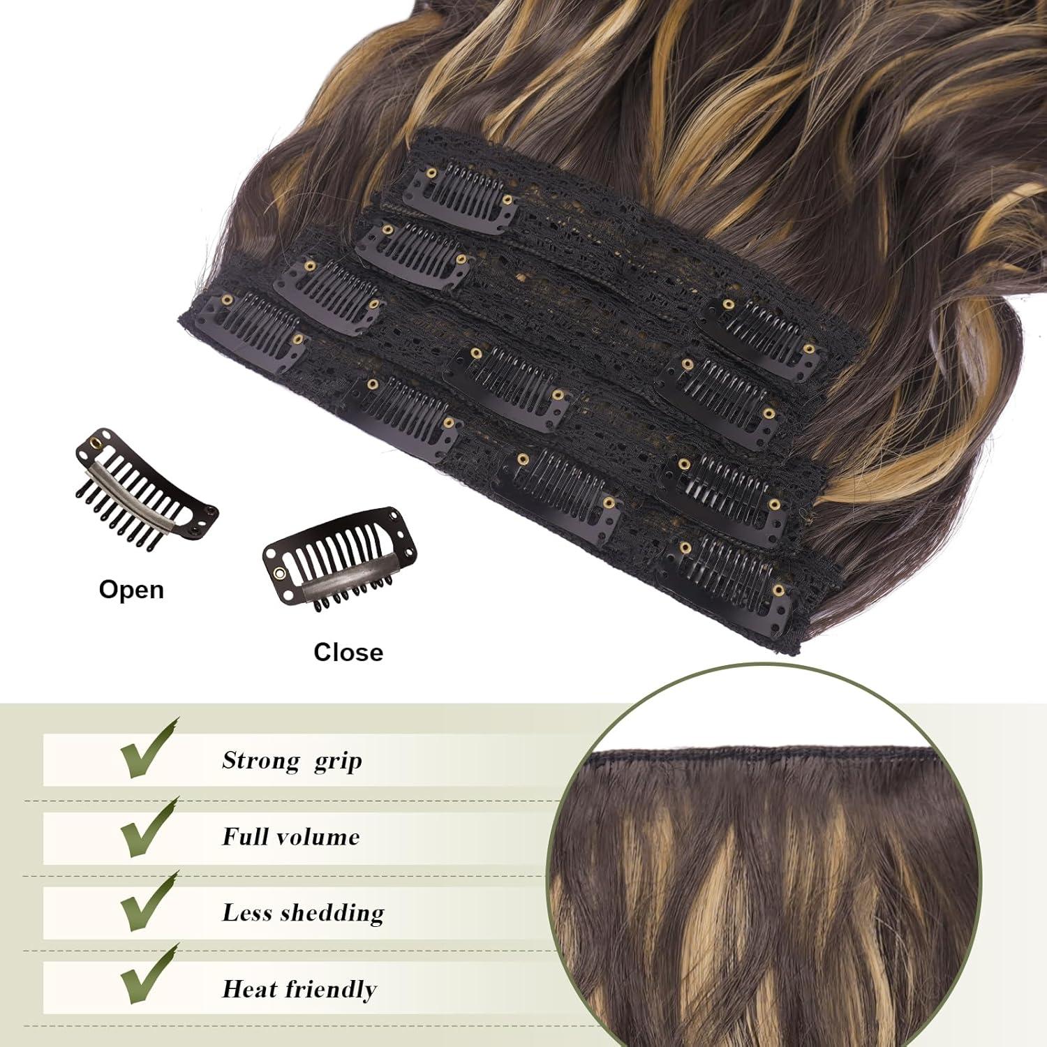 imageFESHFEN Clip in Hair Extensions 4 PCS Long Wavy Thick Clip in Hairpieces Full Head Natural Soft Synthetic Hair Extension for Women Black 20 Inch4AH26 Brown Highlighted Caramel Blonde