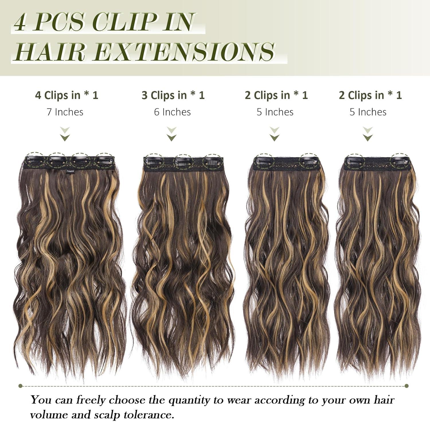 imageFESHFEN Clip in Hair Extensions 4 PCS Long Wavy Thick Clip in Hairpieces Full Head Natural Soft Synthetic Hair Extension for Women Black 20 Inch4AH26 Brown Highlighted Caramel Blonde
