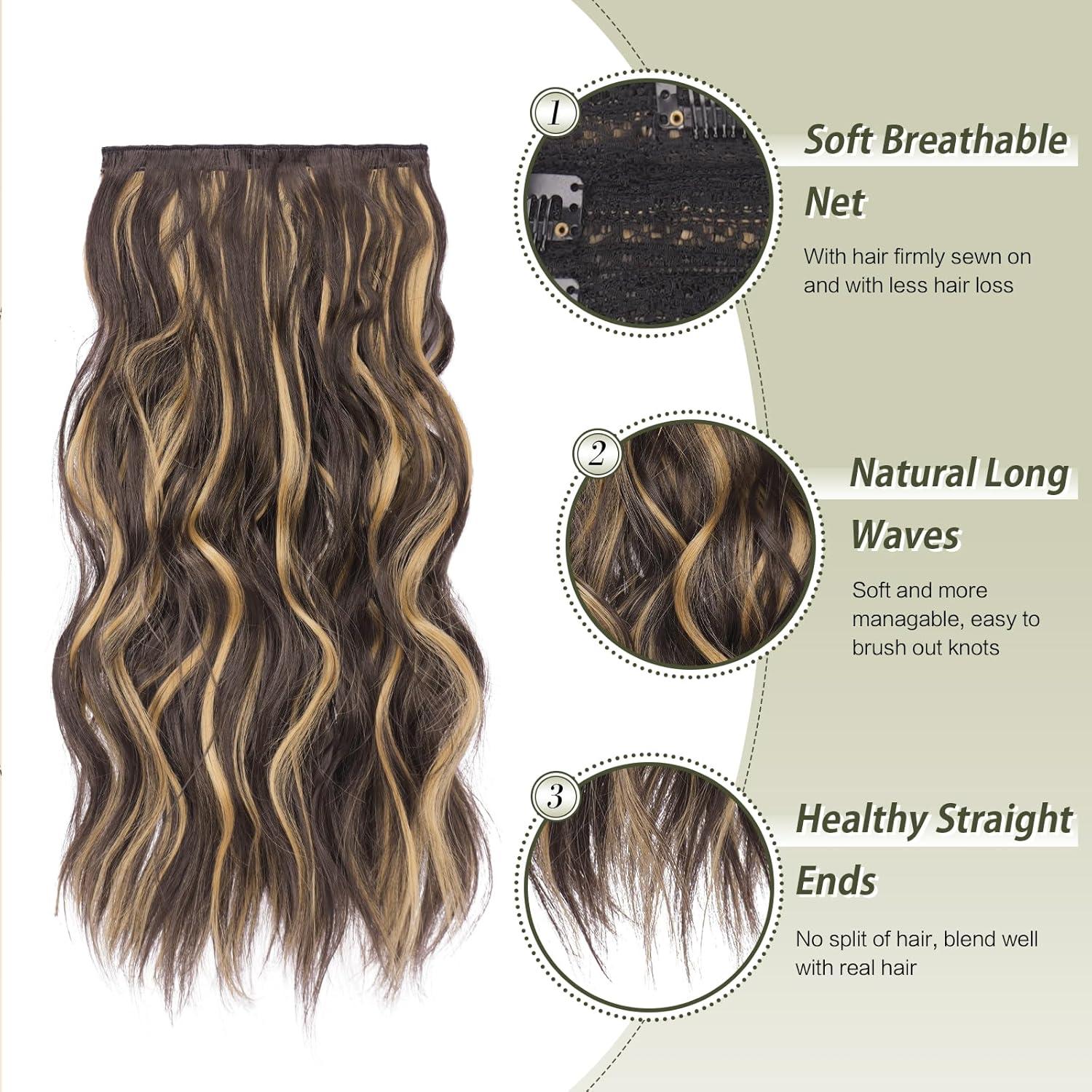 imageFESHFEN Clip in Hair Extensions 4 PCS Long Wavy Thick Clip in Hairpieces Full Head Natural Soft Synthetic Hair Extension for Women Black 20 Inch4AH26 Brown Highlighted Caramel Blonde