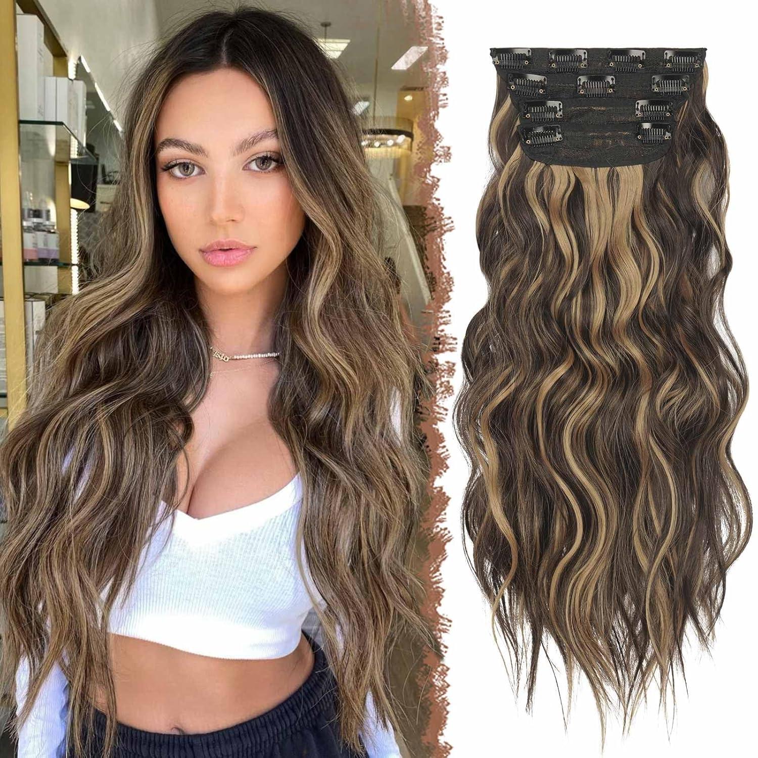 imageFESHFEN Clip in Hair Extensions 4 PCS Long Wavy Thick Clip in Hairpieces Full Head Natural Soft Synthetic Hair Extension for Women Black 20 Inch4AH26 Brown Highlighted Caramel Blonde
