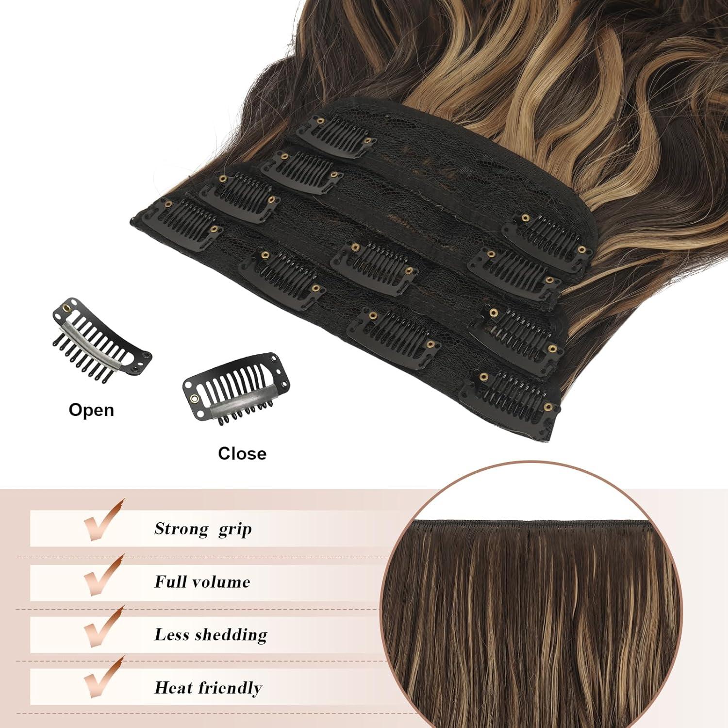 imageFESHFEN Clip in Hair Extensions 4 PCS Long Wavy Thick Clip in Hairpieces Full Head Natural Soft Synthetic Hair Extension for Women Black 20 Inch4AH26 Brown Highlighted Caramel Blonde