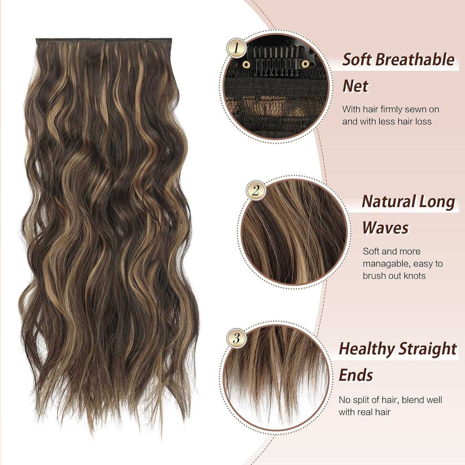 imageFESHFEN Clip in Hair Extensions 4 PCS Long Wavy Thick Clip in Hairpieces Full Head Natural Soft Synthetic Hair Extension for Women Black 20 Inch4AH26 Brown Highlighted Caramel Blonde