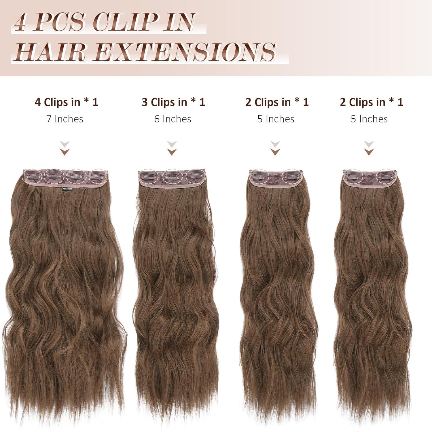 imageFESHFEN Clip in Hair Extensions 4 PCS Long Wavy Thick Clip in Hairpieces Full Head Natural Soft Synthetic Hair Extension for Women Black 20 InchH012 Golden Brown
