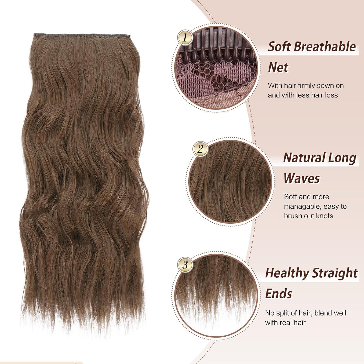 imageFESHFEN Clip in Hair Extensions 4 PCS Long Wavy Thick Clip in Hairpieces Full Head Natural Soft Synthetic Hair Extension for Women Black 20 InchH012 Golden Brown