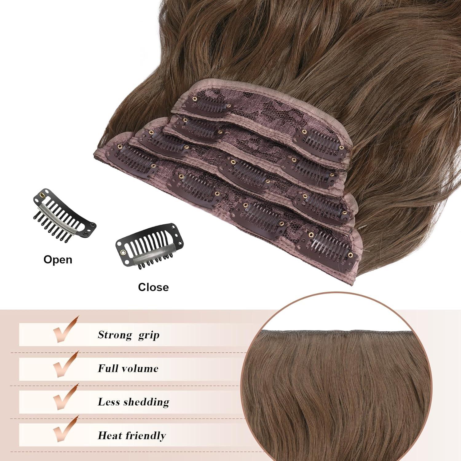 imageFESHFEN Clip in Hair Extensions 4 PCS Long Wavy Thick Clip in Hairpieces Full Head Natural Soft Synthetic Hair Extension for Women Black 20 InchH012 Golden Brown