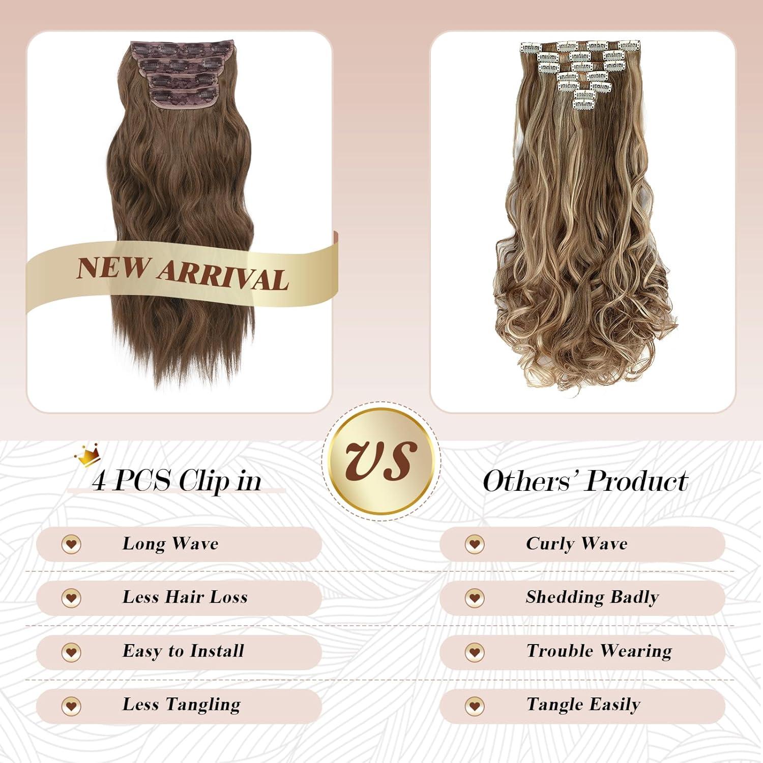 imageFESHFEN Clip in Hair Extensions 4 PCS Long Wavy Thick Clip in Hairpieces Full Head Natural Soft Synthetic Hair Extension for Women Black 20 InchH012 Golden Brown