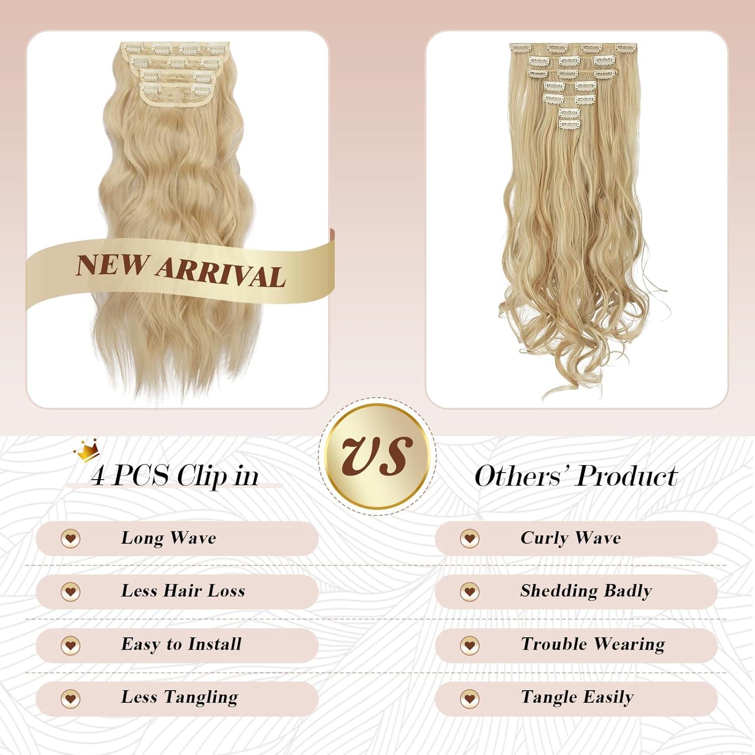 imageFESHFEN Clip in Hair Extensions 4 PCS Long Wavy Thick Clip in Hairpieces Full Head Natural Soft Synthetic Hair Extension for Women Black 20 InchLight Blonde