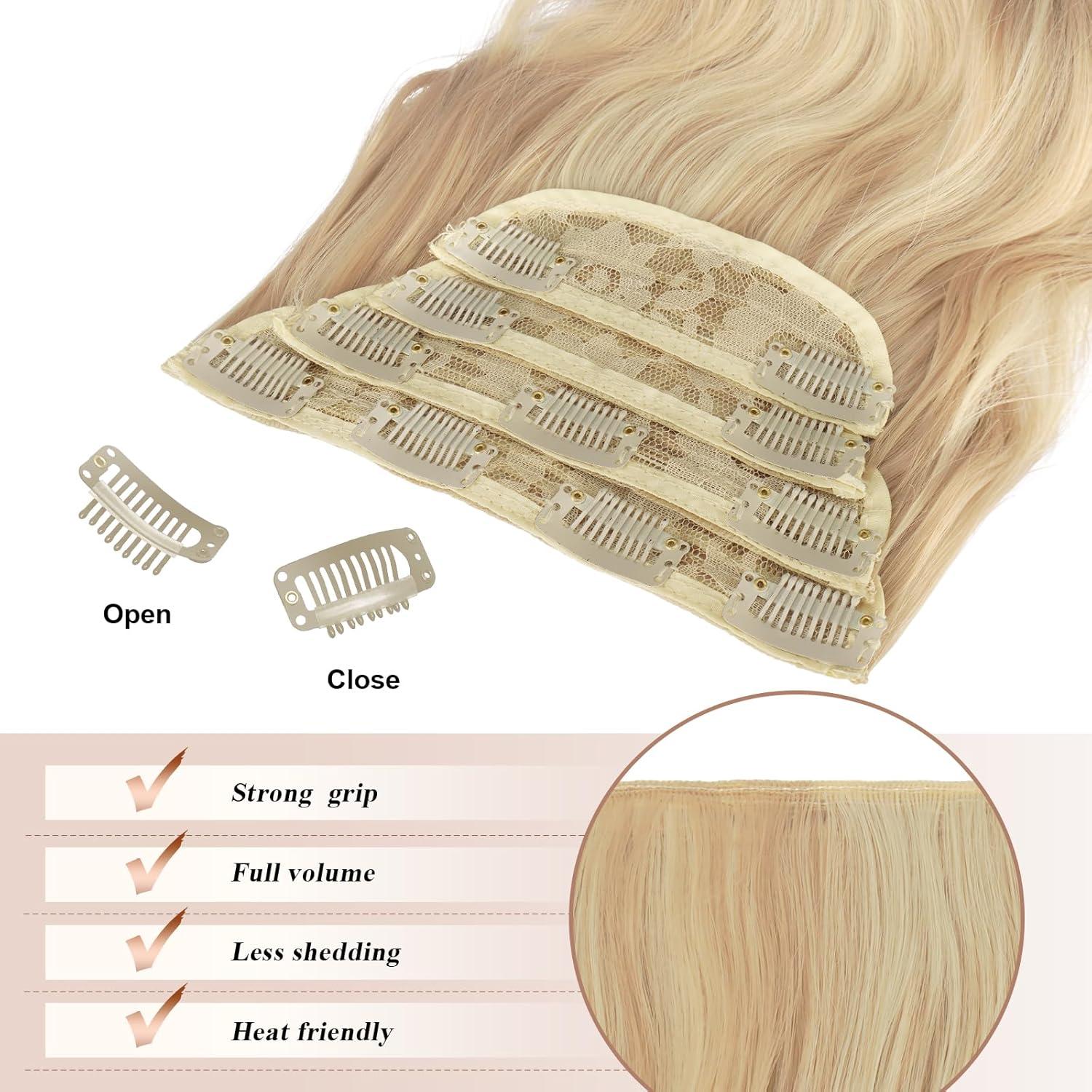 imageFESHFEN Clip in Hair Extensions 4 PCS Long Wavy Thick Clip in Hairpieces Full Head Natural Soft Synthetic Hair Extension for Women Black 20 InchP86613A Golden Mix Beige Blonde