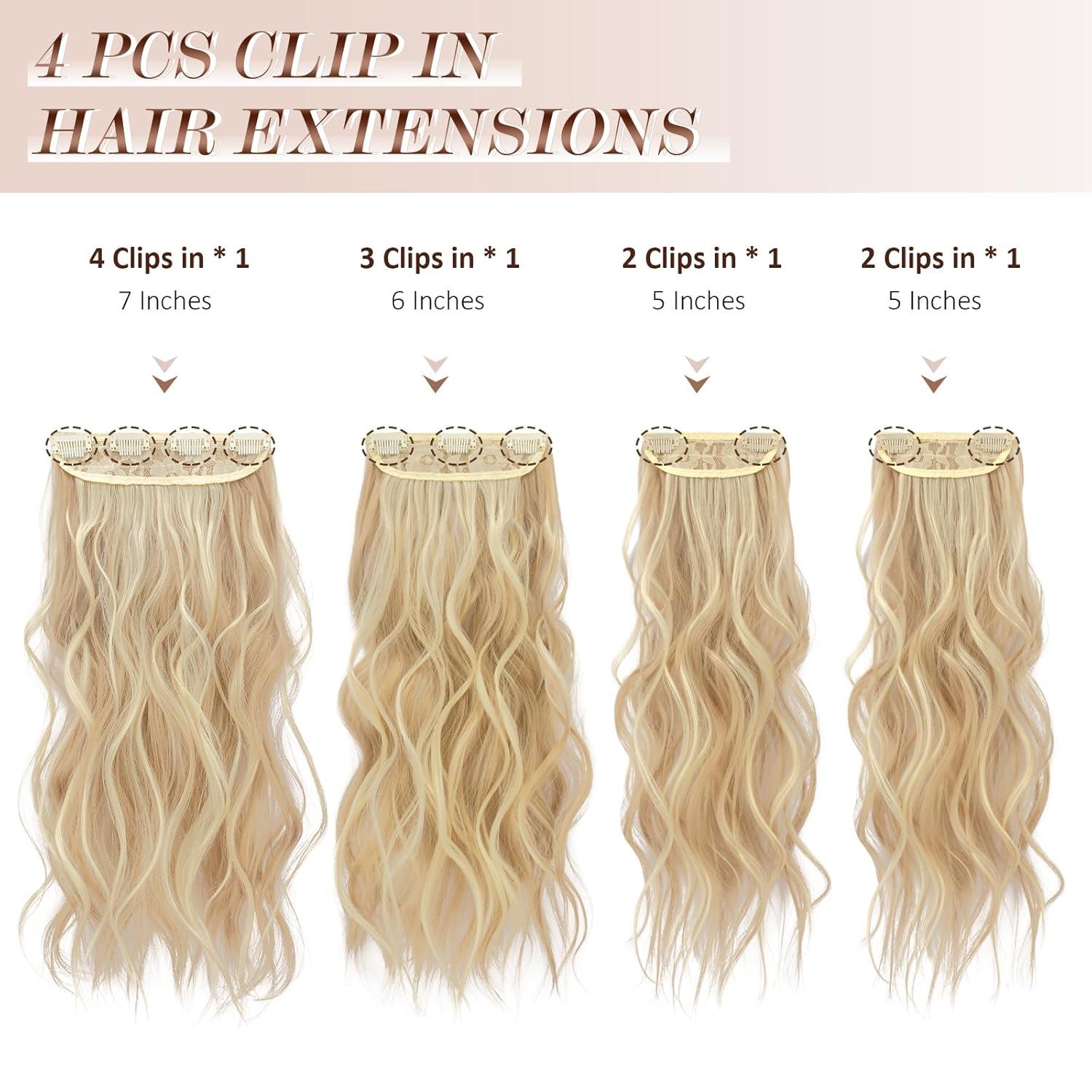 imageFESHFEN Clip in Hair Extensions 4 PCS Long Wavy Thick Clip in Hairpieces Full Head Natural Soft Synthetic Hair Extension for Women Black 20 InchP86613A Golden Mix Beige Blonde