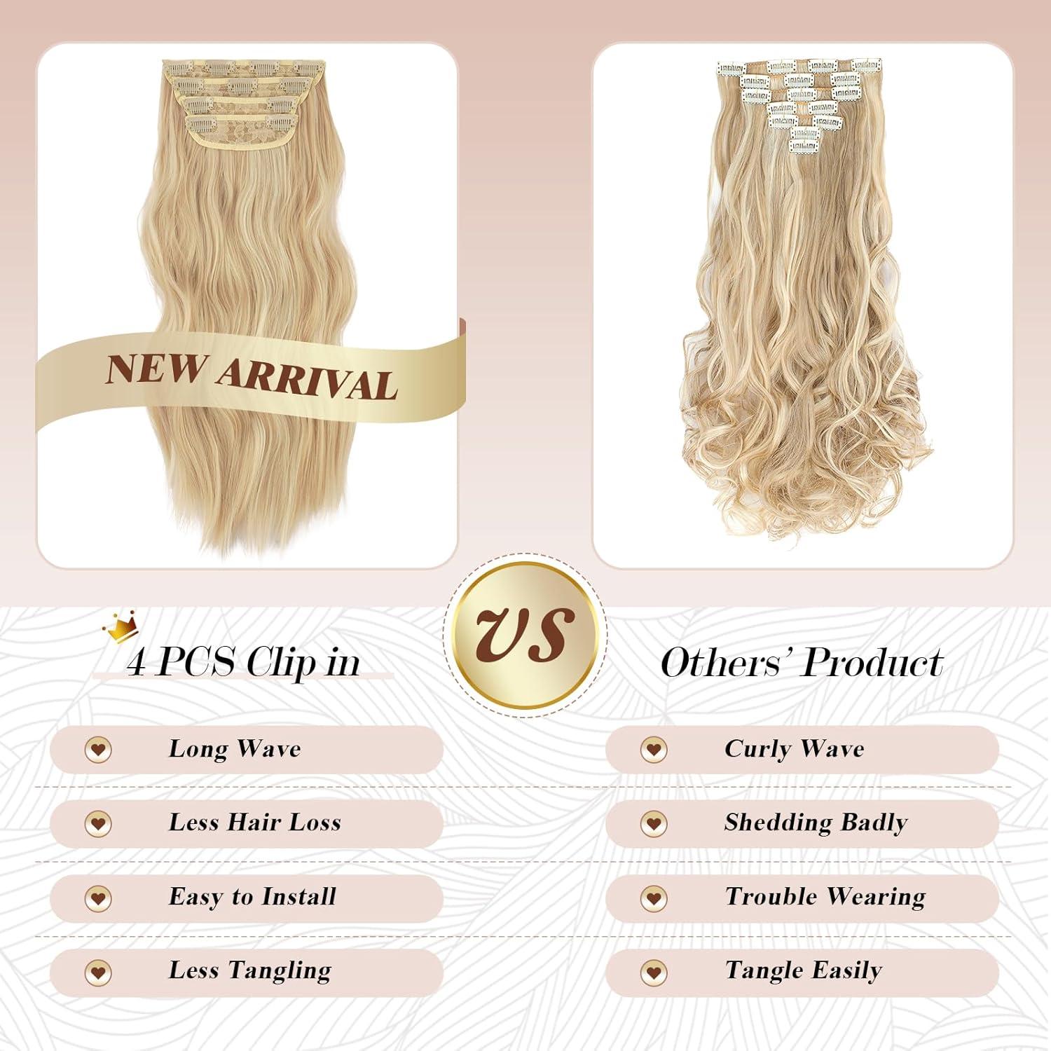 imageFESHFEN Clip in Hair Extensions 4 PCS Long Wavy Thick Clip in Hairpieces Full Head Natural Soft Synthetic Hair Extension for Women Black 20 InchP86613A Golden Mix Beige Blonde