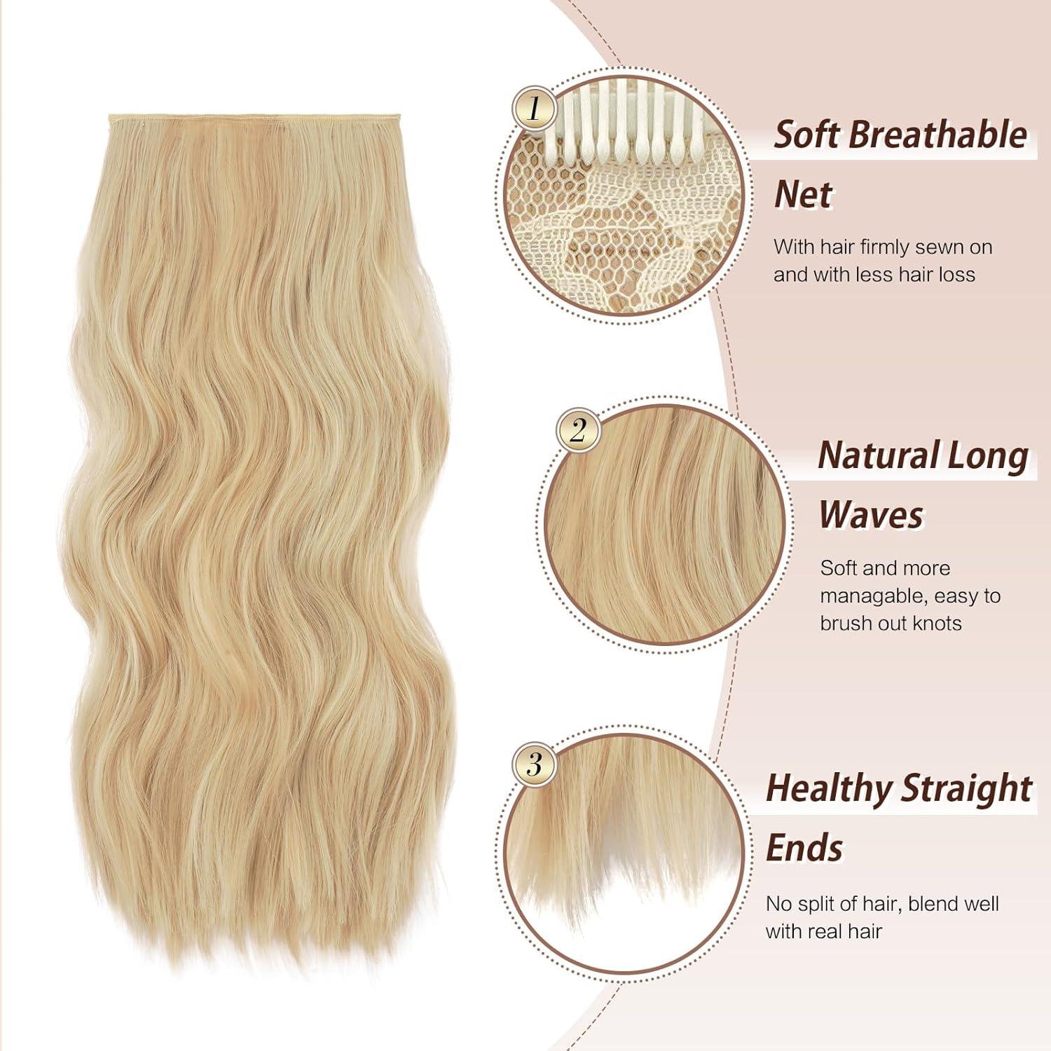 imageFESHFEN Clip in Hair Extensions 4 PCS Long Wavy Thick Clip in Hairpieces Full Head Natural Soft Synthetic Hair Extension for Women Black 20 InchP86613A Golden Mix Beige Blonde