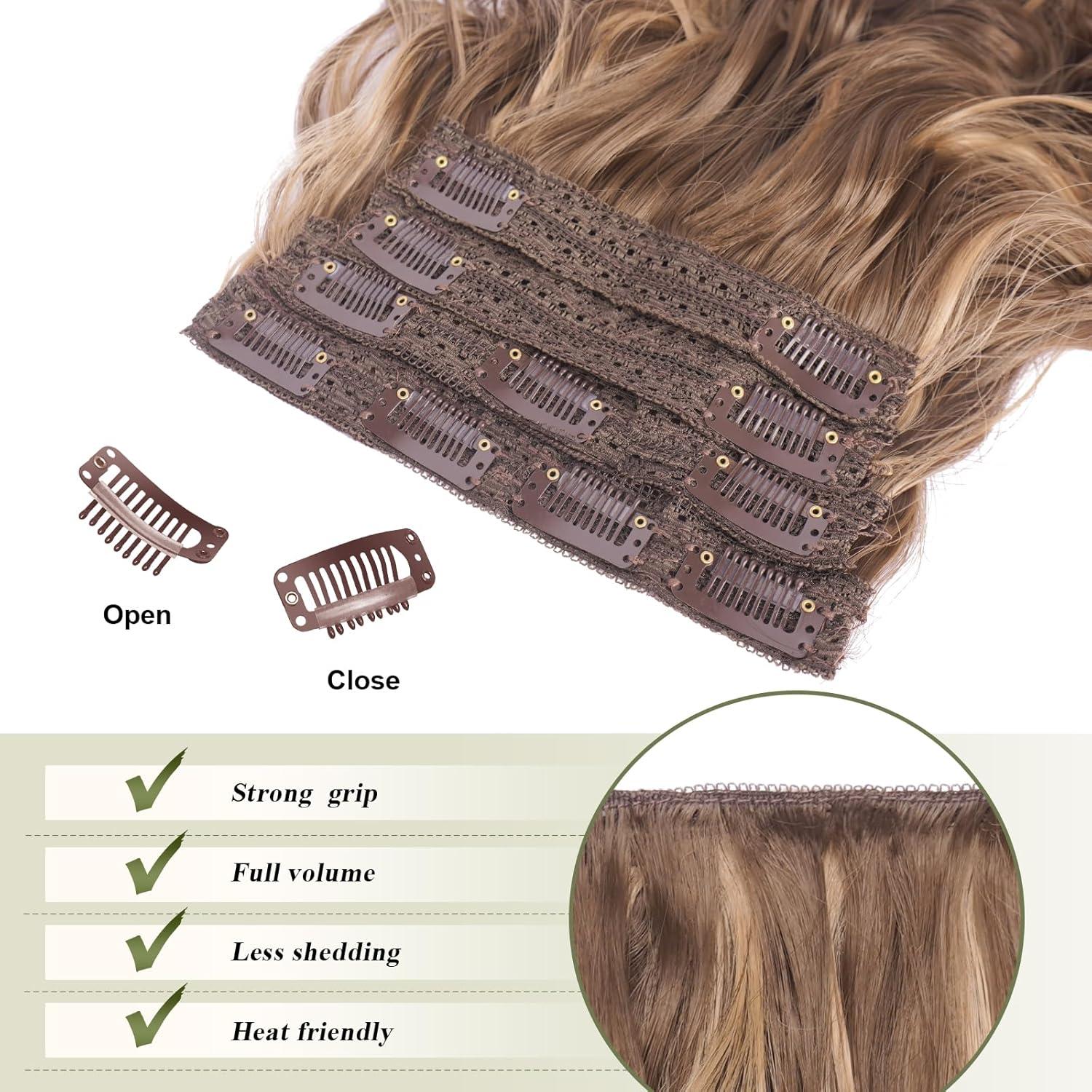 imageFESHFEN Clip in Hair Extensions 4PCs Long Wavy Curly Thick Hairpieces Full Head Natural Synthetic Extension for Women 16 Inch Honey Blonde Mixed Light Brown