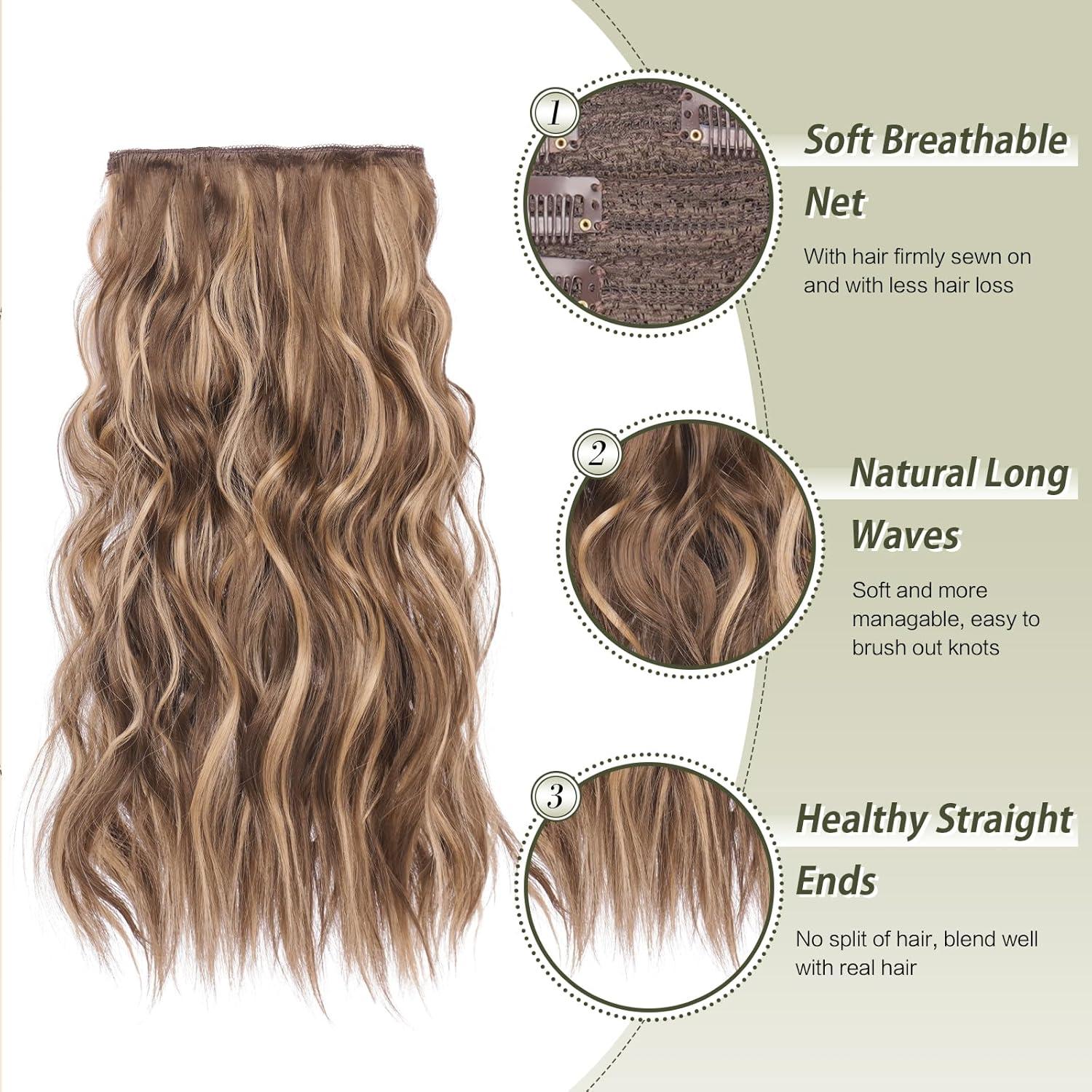 imageFESHFEN Clip in Hair Extensions 4PCs Long Wavy Curly Thick Hairpieces Full Head Natural Synthetic Extension for Women 16 Inch Honey Blonde Mixed Light Brown