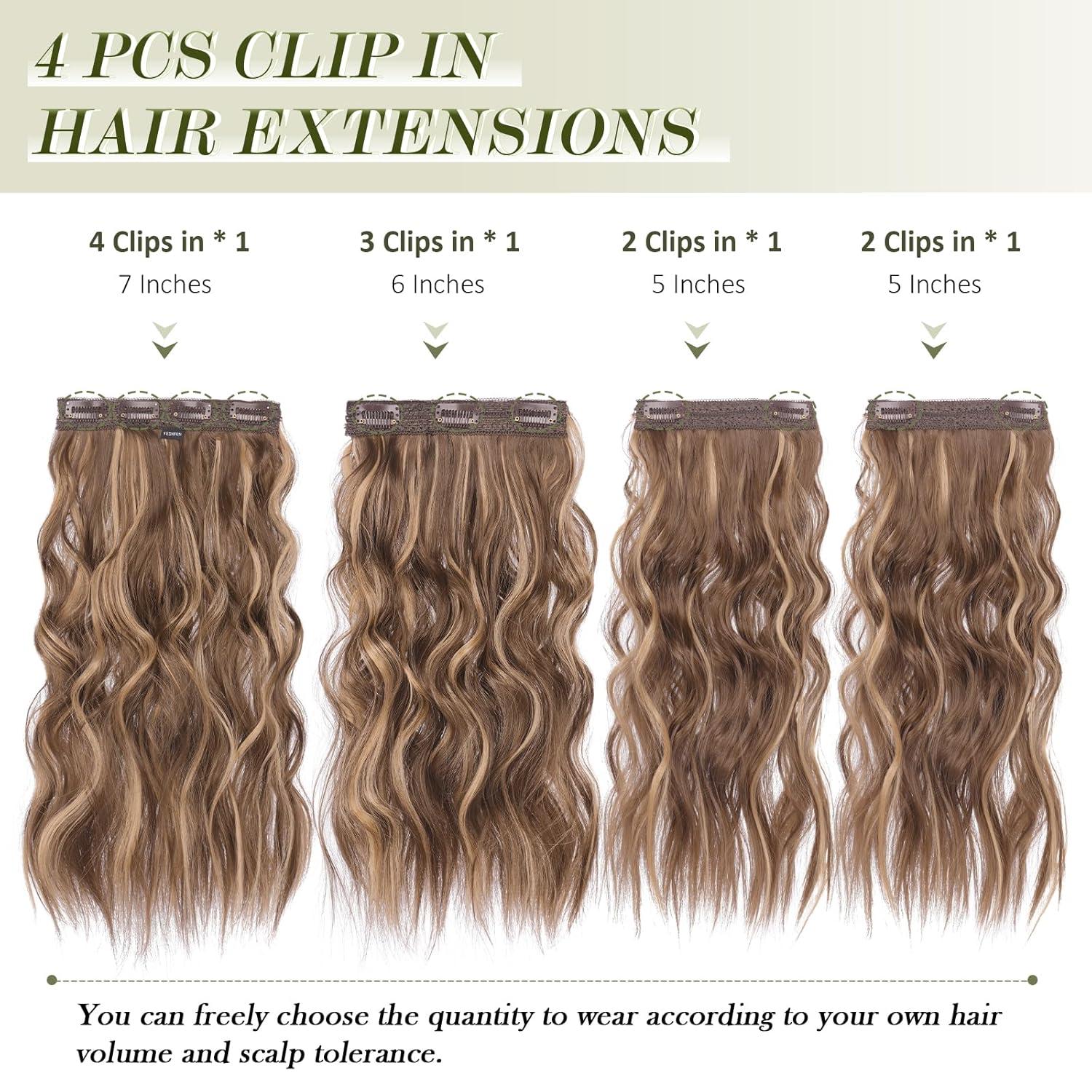 imageFESHFEN Clip in Hair Extensions 4PCs Long Wavy Curly Thick Hairpieces Full Head Natural Synthetic Extension for Women 16 Inch Honey Blonde Mixed Light Brown