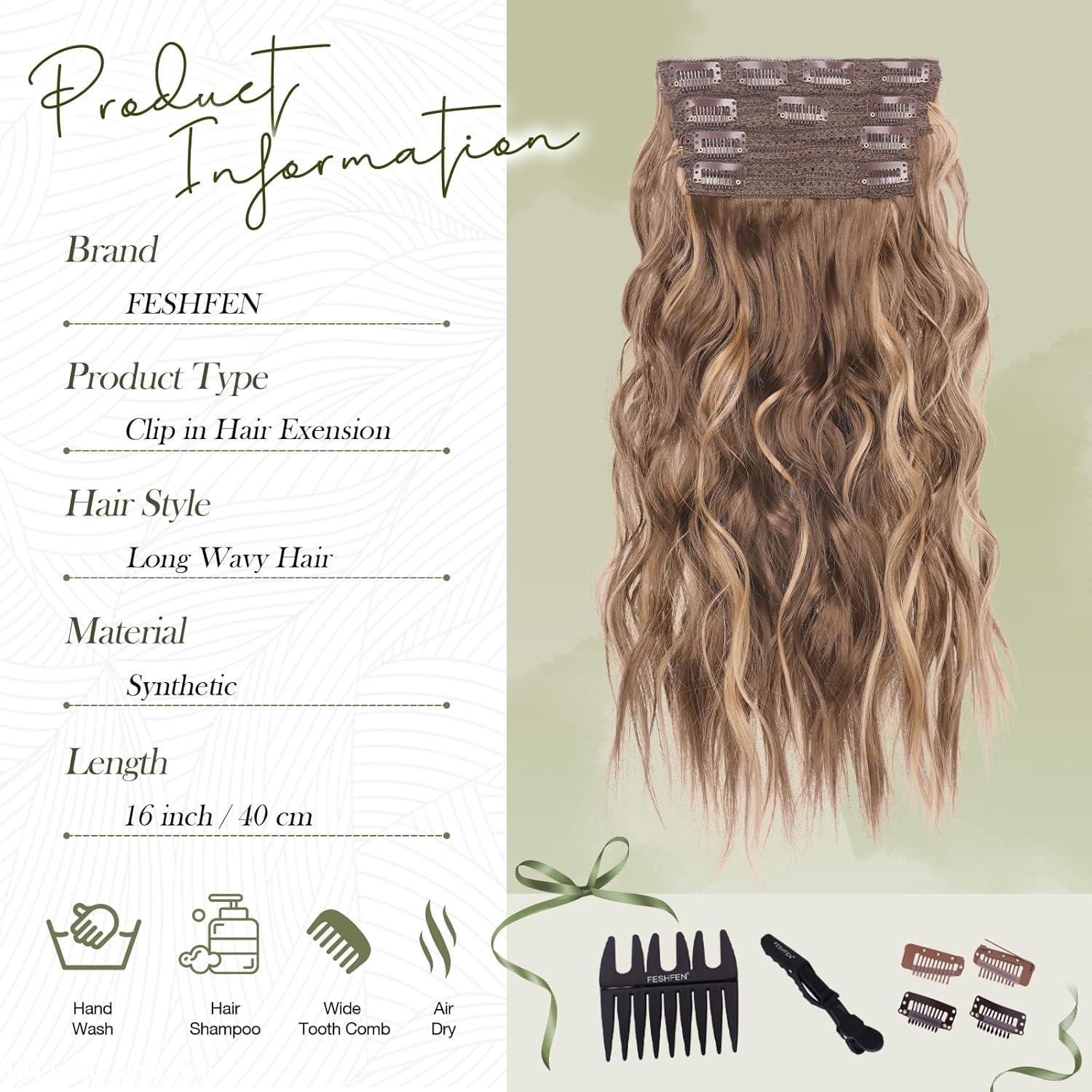imageFESHFEN Clip in Hair Extensions 4PCs Long Wavy Curly Thick Hairpieces Full Head Natural Synthetic Extension for Women 16 Inch Honey Blonde Mixed Light Brown