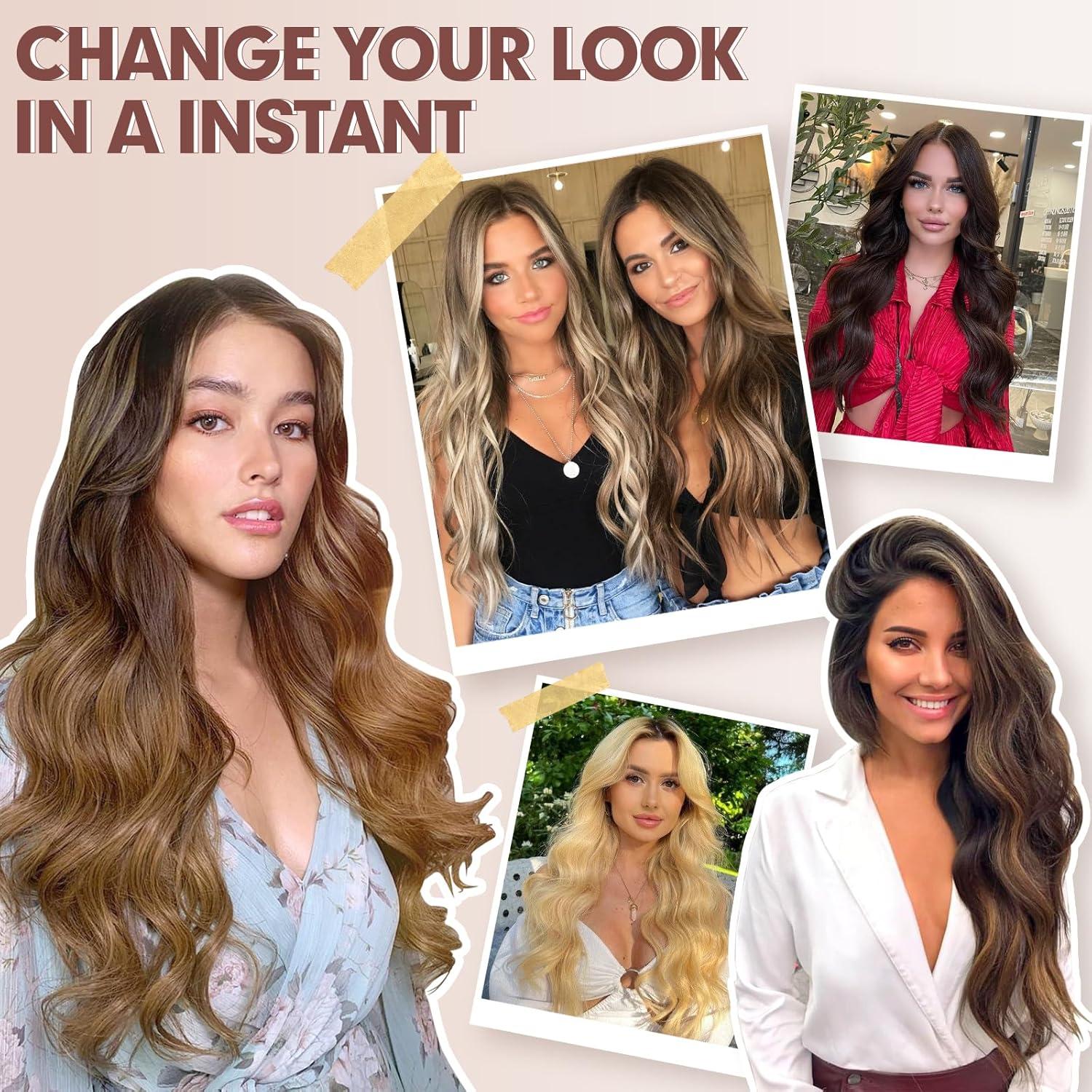 imageFESHFEN Clip in Hair Extensions 4PCs Long Wavy Curly Thick Hairpieces Full Head Natural Synthetic Extension for Women 16 Inch Light Beige Blonde Mix Cream Blonde46A Dark Brown Mix Chocolate Brown