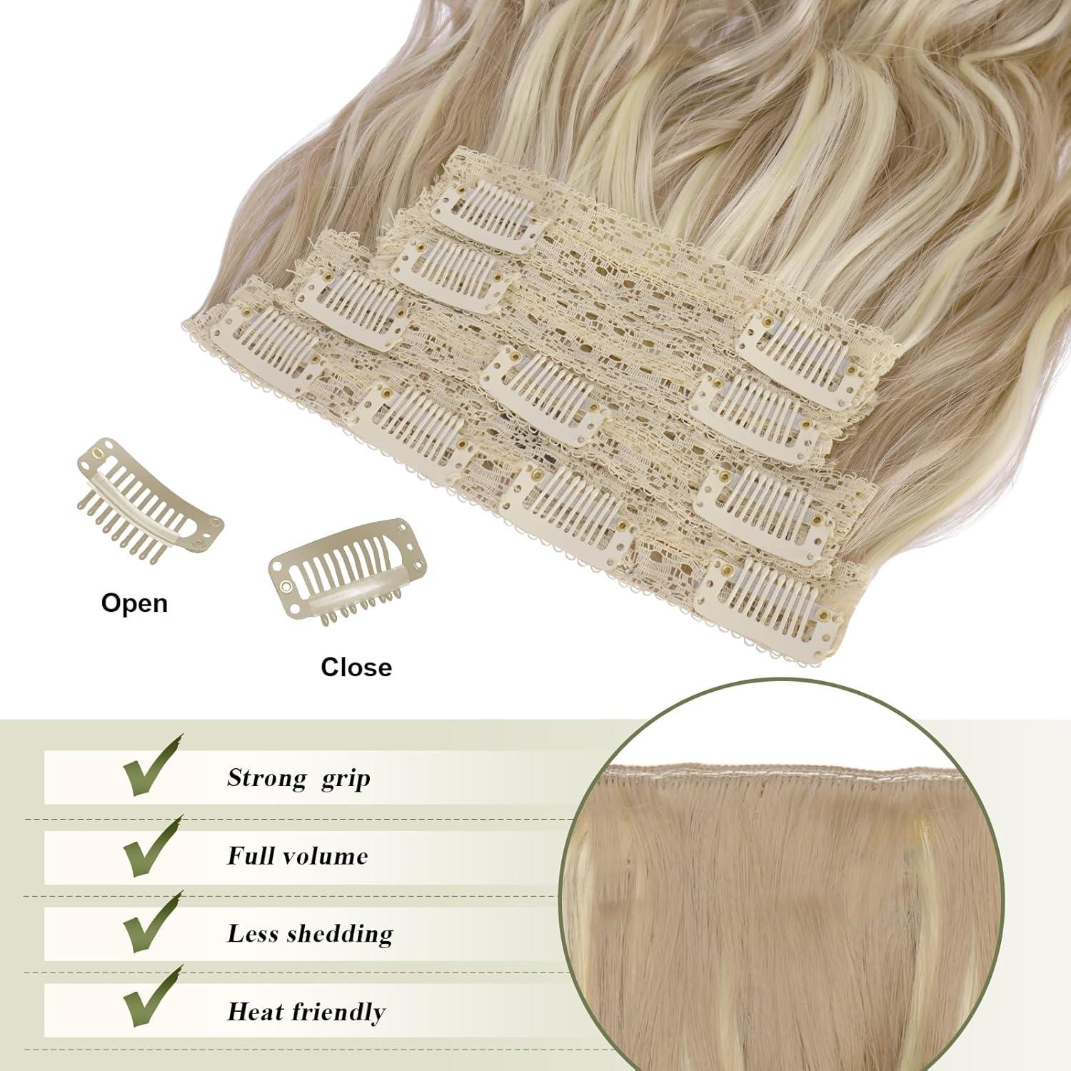 imageFESHFEN Clip in Hair Extensions 4PCs Long Wavy Curly Thick Hairpieces Full Head Natural Synthetic Extension for Women 16 Inch Light Beige Blonde Mix Cream Blonde16H613 Dirty Blonde