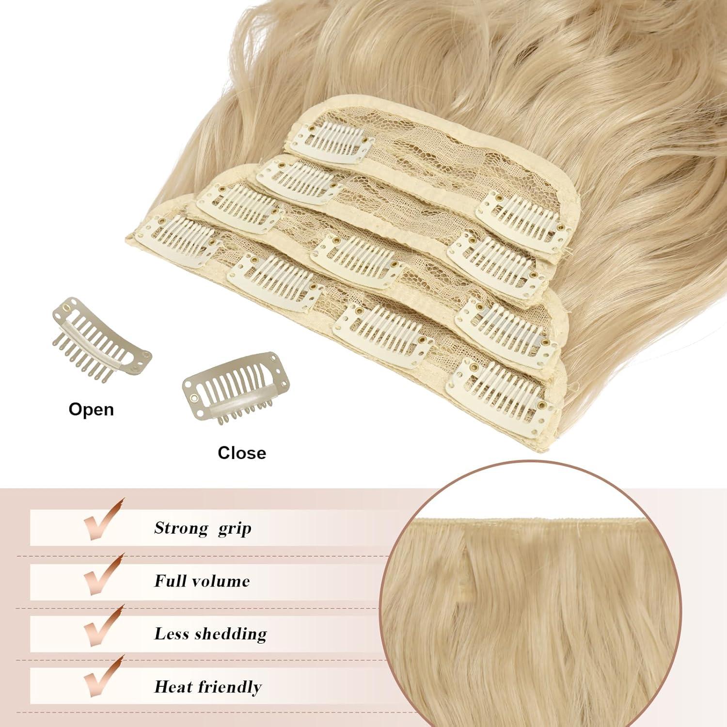 imageFESHFEN Clip in Hair Extensions 4PCs Long Wavy Curly Thick Hairpieces Full Head Natural Synthetic Extension for Women 16 Inch Light Beige Blonde Mix Cream BlondeLight Blonde