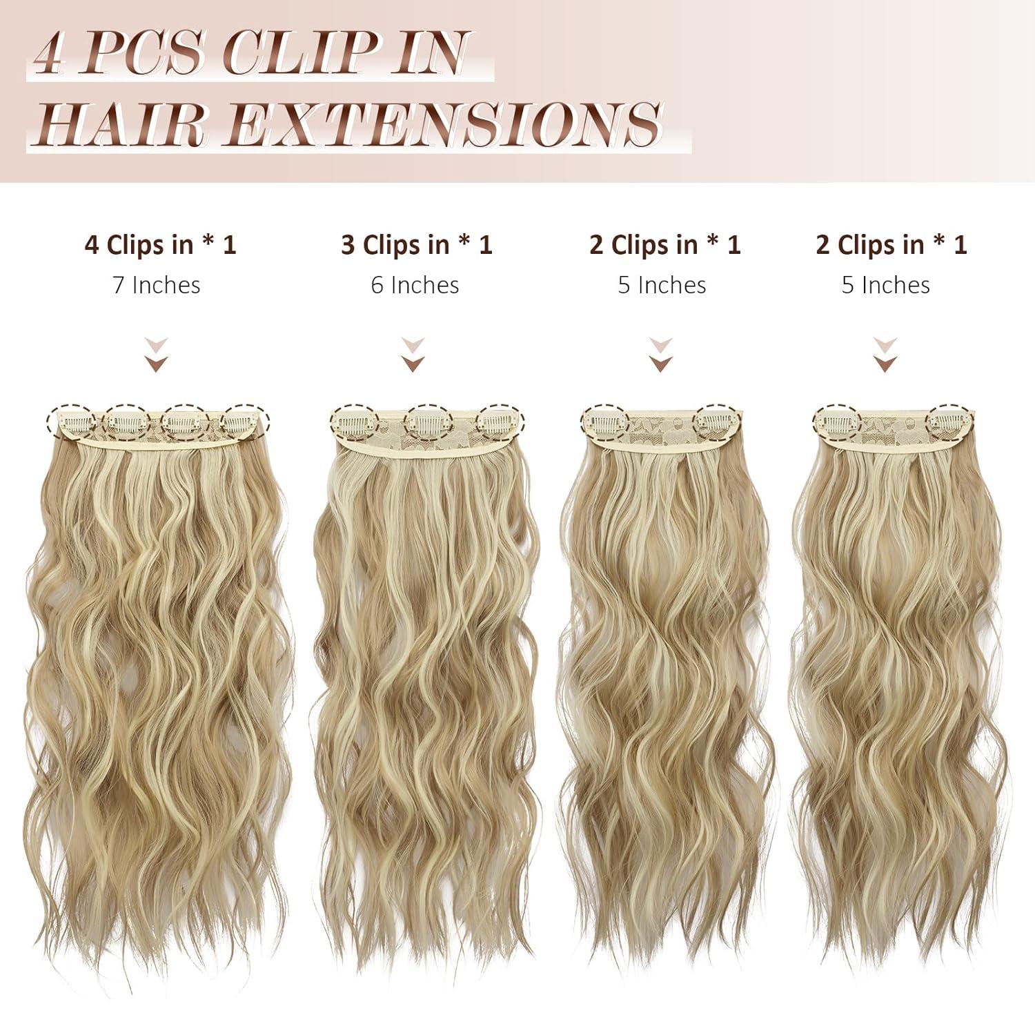 imageFESHFEN Clip in Hair Extensions 4PCs Long Wavy Curly Thick Hairpieces Full Head Natural Synthetic Extension for Women 16 Inch Light Beige Blonde Mix Cream Blonde16H613 Dirty Blonde