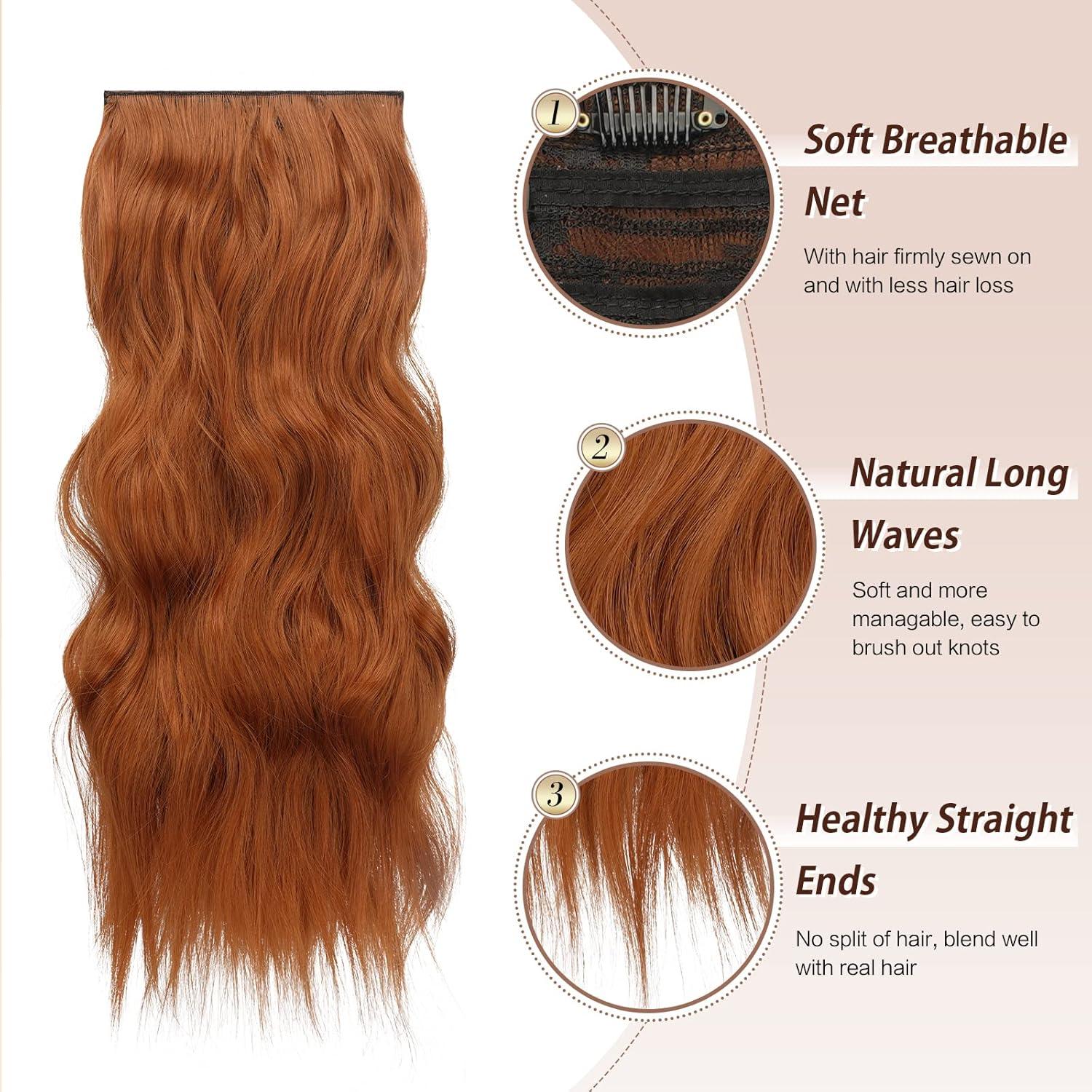 imageFESHFEN Clip in Hair Extensions 4PCs Long Wavy Curly Thick Hairpieces Full Head Natural Synthetic Extension for Women 16 Inch Light Beige Blonde Mix Cream Blonde30C Copper Red