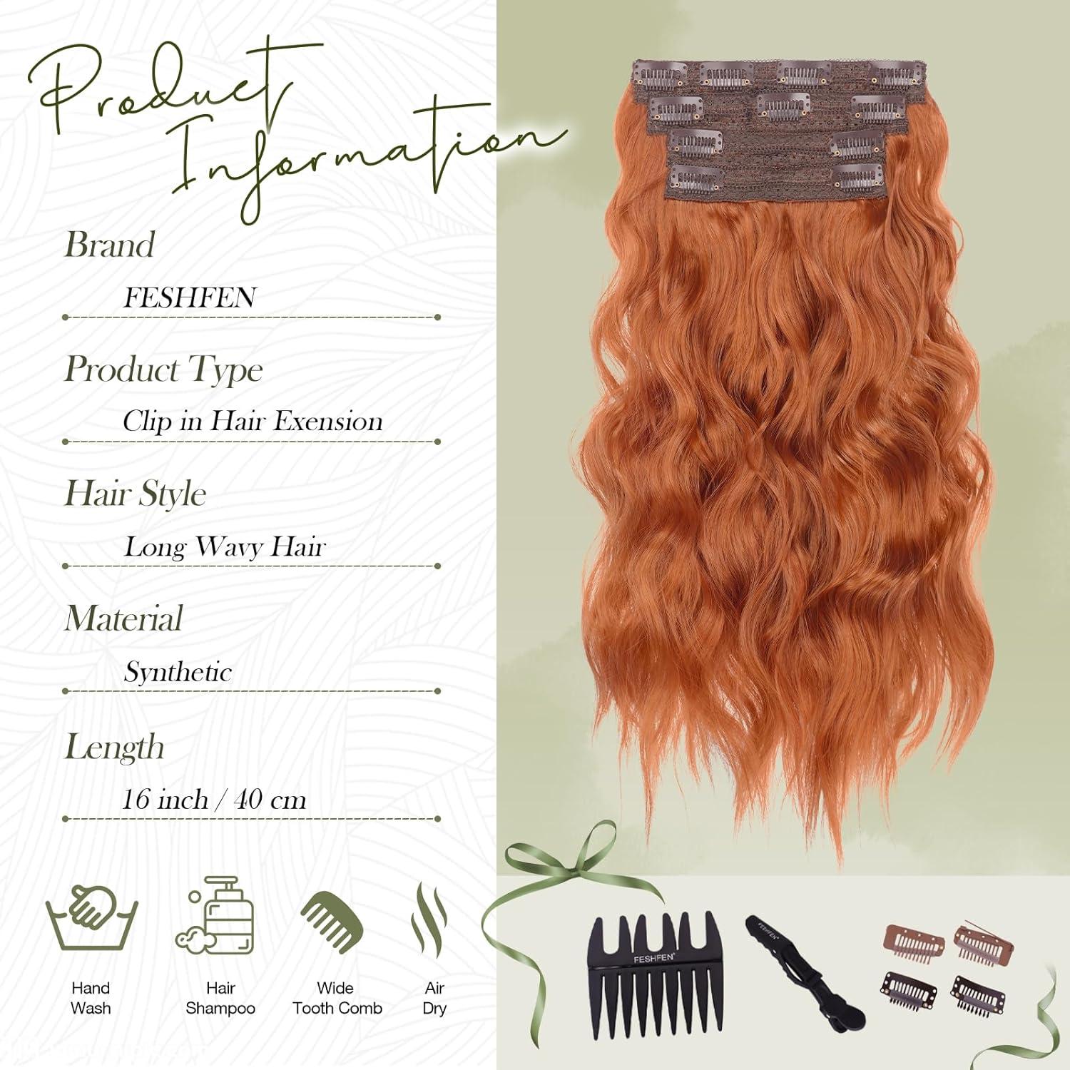 imageFESHFEN Clip in Hair Extensions 4PCs Long Wavy Curly Thick Hairpieces Full Head Natural Synthetic Extension for Women 16 Inch Light Beige Blonde Mix Cream Blonde30C Copper Red