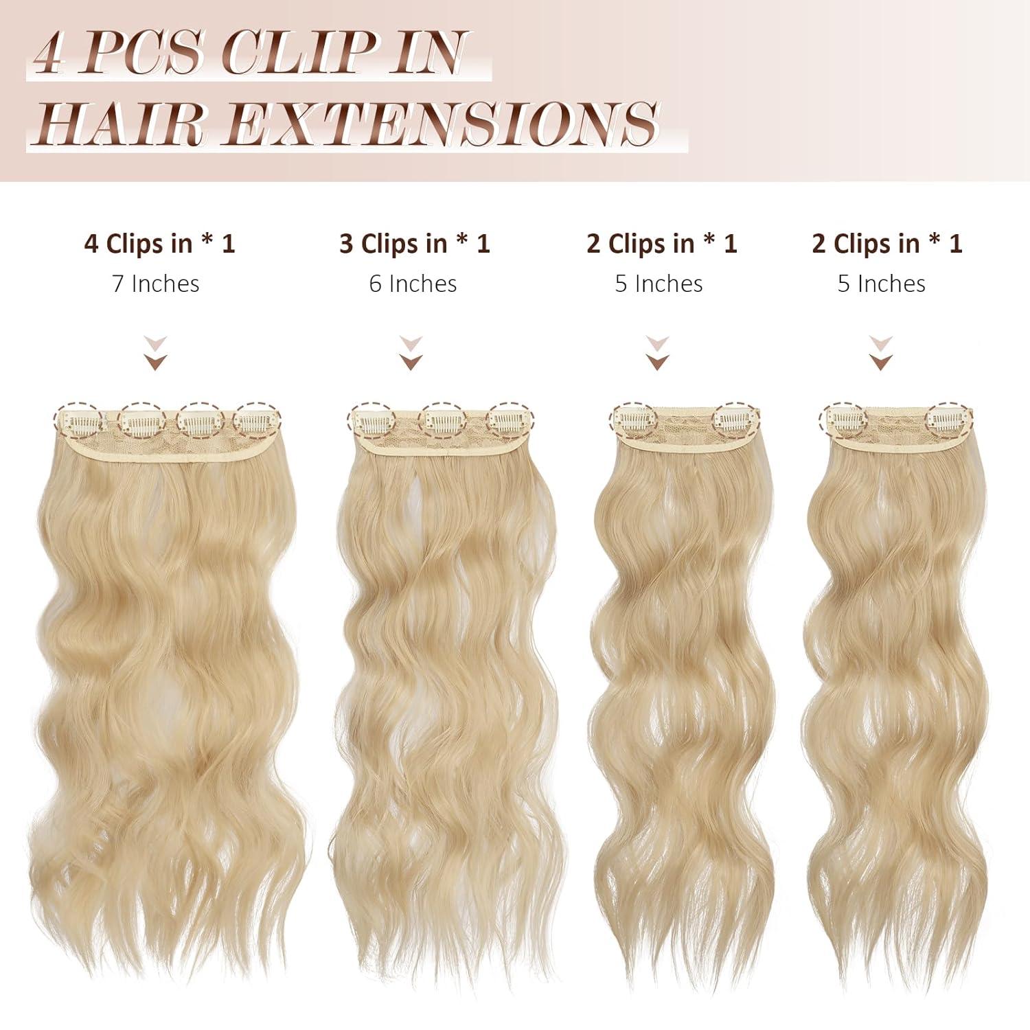imageFESHFEN Clip in Hair Extensions 4PCs Long Wavy Curly Thick Hairpieces Full Head Natural Synthetic Extension for Women 16 Inch Light Beige Blonde Mix Cream BlondeLight Blonde