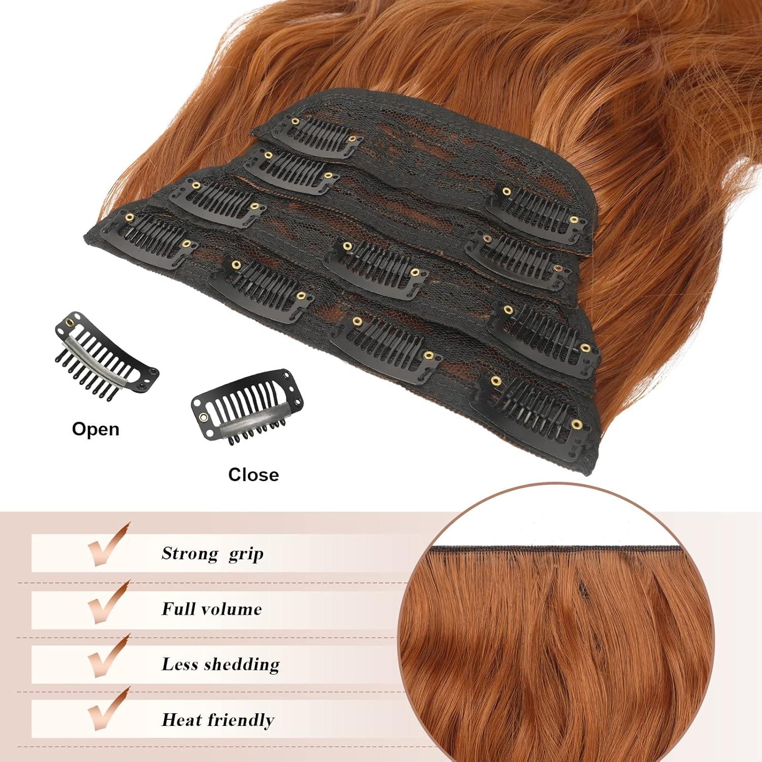 imageFESHFEN Clip in Hair Extensions 4PCs Long Wavy Curly Thick Hairpieces Full Head Natural Synthetic Extension for Women 16 Inch Light Beige Blonde Mix Cream Blonde30C Copper Red