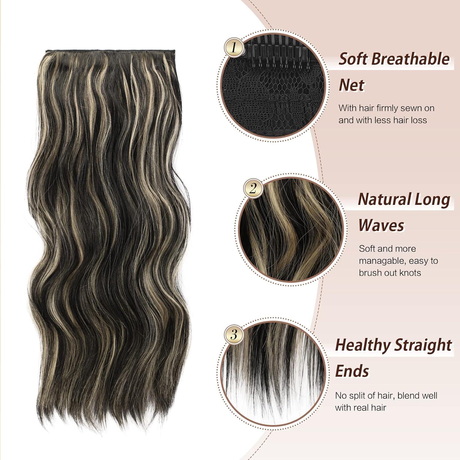 imageFESHFEN Clip in Hair Extensions 4PCs Long Wavy Curly Thick Hairpieces Full Head Natural Synthetic Extension for Women 16 Inch Light Beige Blonde Mix Cream BlondeBlack Highlighted Blonde