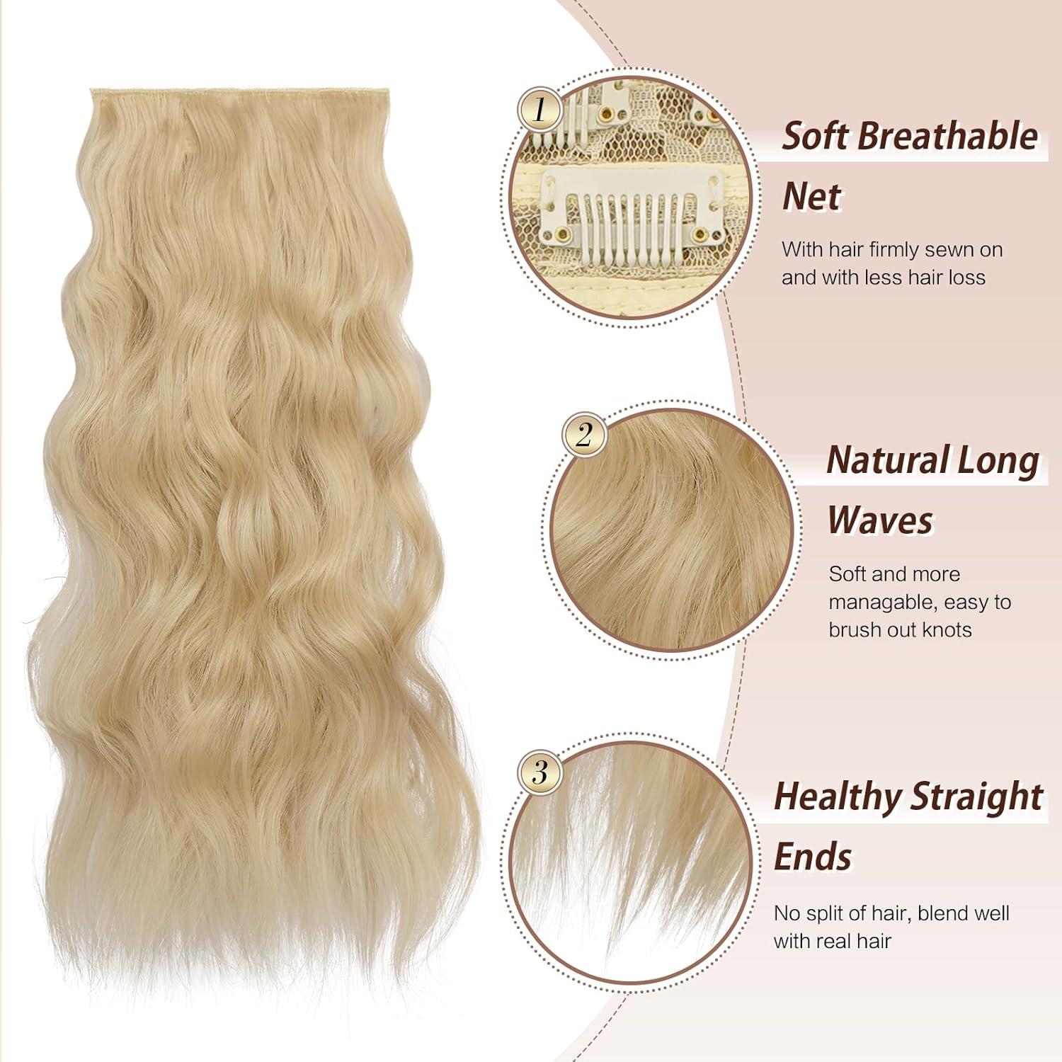 imageFESHFEN Clip in Hair Extensions 4PCs Long Wavy Curly Thick Hairpieces Full Head Natural Synthetic Extension for Women 16 Inch Light Beige Blonde Mix Cream BlondeLight Blonde