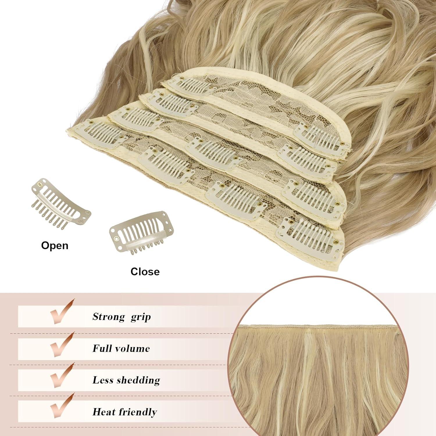 imageFESHFEN Clip in Hair Extensions 4PCs Long Wavy Curly Thick Hairpieces Full Head Natural Synthetic Extension for Women 16 Inch Light Beige Blonde Mix Cream Blonde16H613 Dirty Blonde