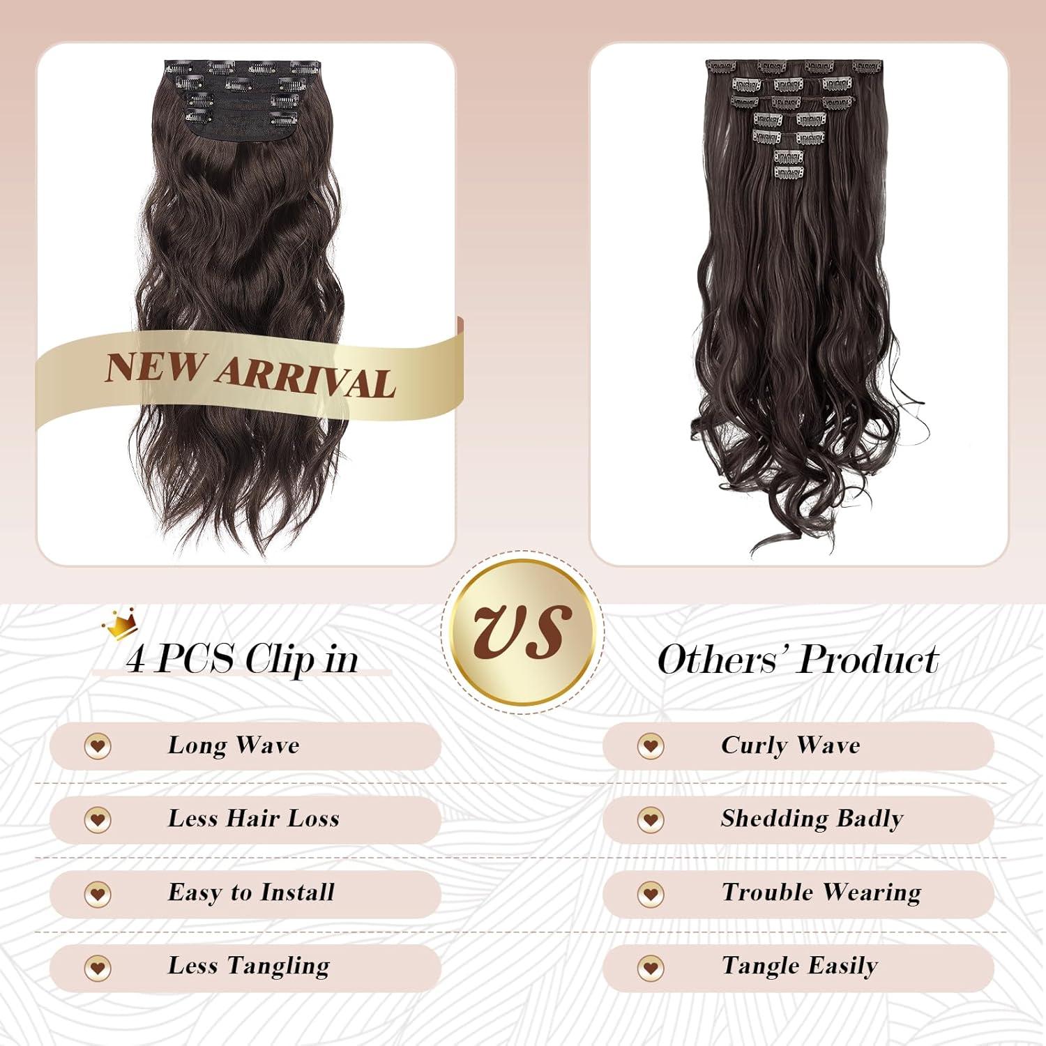 imageFESHFEN Clip in Hair Extensions 4PCs Long Wavy Curly Thick Hairpieces Full Head Natural Synthetic Extension for Women 16 Inch Light Beige Blonde Mix Cream Blonde46A Dark Brown Mix Chocolate Brown