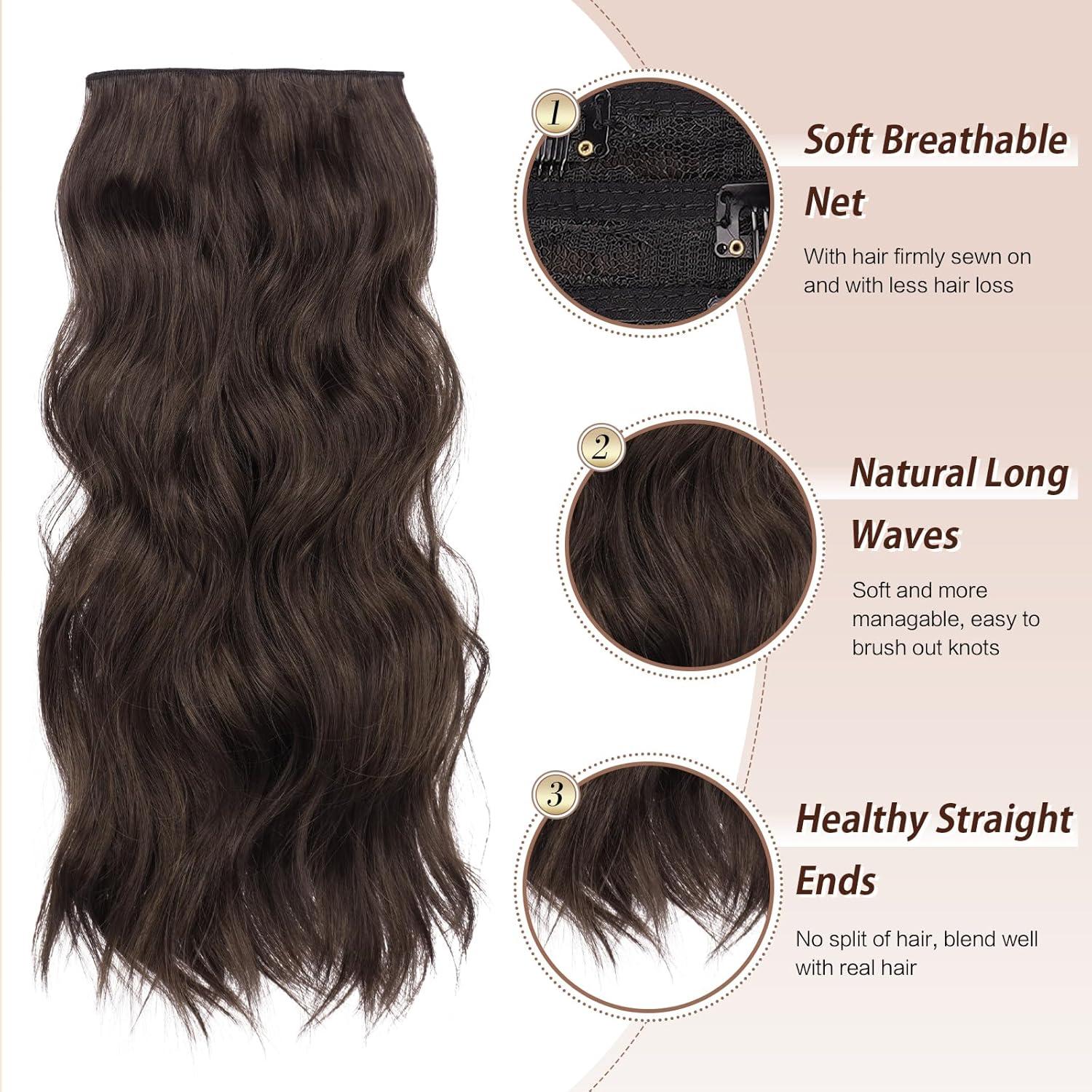 imageFESHFEN Clip in Hair Extensions 4PCs Long Wavy Curly Thick Hairpieces Full Head Natural Synthetic Extension for Women 16 Inch Light Beige Blonde Mix Cream Blonde46A Dark Brown Mix Chocolate Brown