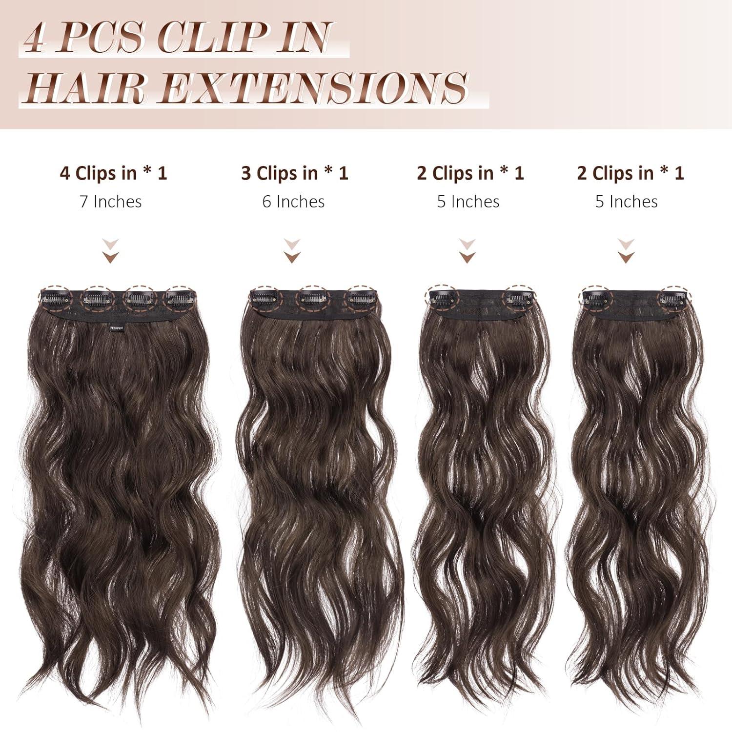 imageFESHFEN Clip in Hair Extensions 4PCs Long Wavy Curly Thick Hairpieces Full Head Natural Synthetic Extension for Women 16 Inch Light Beige Blonde Mix Cream Blonde46A Dark Brown Mix Chocolate Brown
