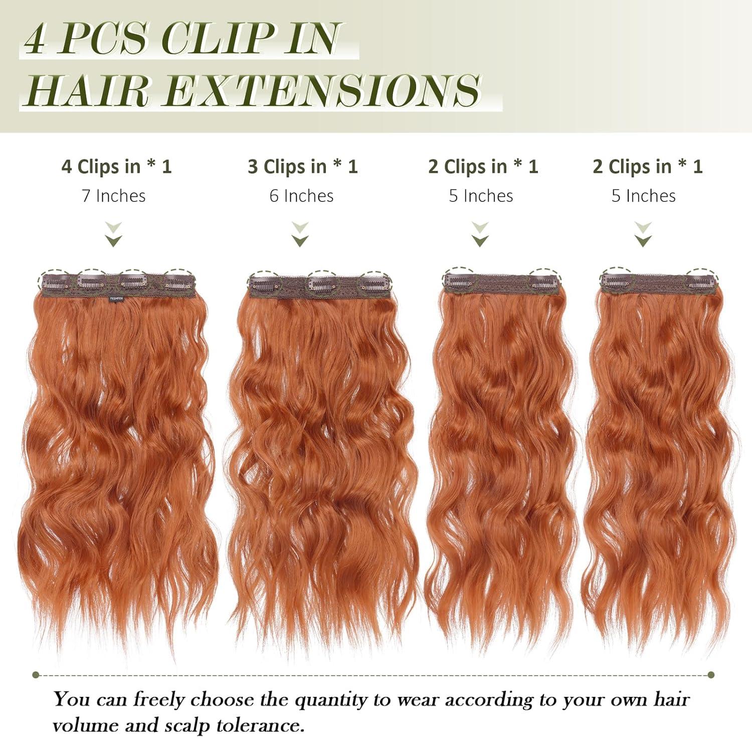 imageFESHFEN Clip in Hair Extensions 4PCs Long Wavy Curly Thick Hairpieces Full Head Natural Synthetic Extension for Women 16 Inch Light Beige Blonde Mix Cream Blonde30C Copper Red