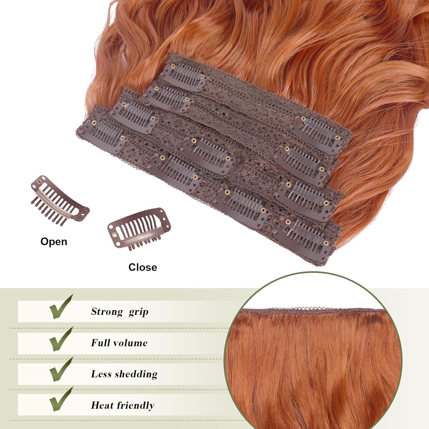 imageFESHFEN Clip in Hair Extensions 4PCs Long Wavy Curly Thick Hairpieces Full Head Natural Synthetic Extension for Women 16 Inch Light Beige Blonde Mix Cream Blonde30C Copper Red