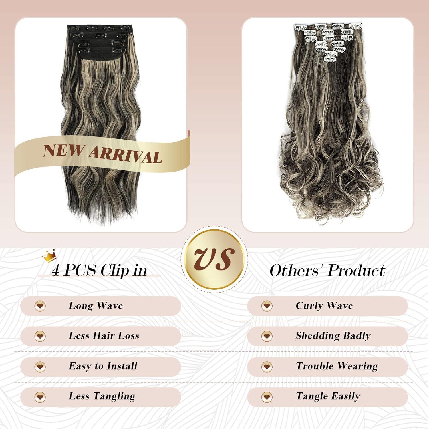 imageFESHFEN Clip in Hair Extensions 4PCs Long Wavy Curly Thick Hairpieces Full Head Natural Synthetic Extension for Women 16 Inch Light Beige Blonde Mix Cream BlondeBlack Highlighted Blonde